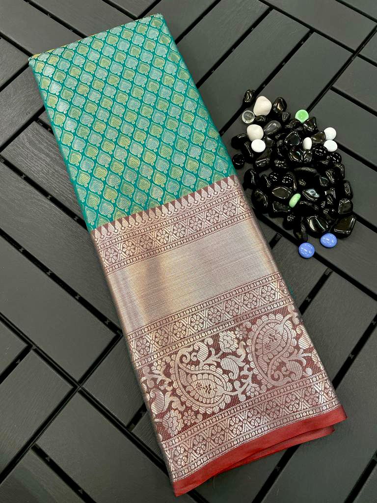 Banarasi Handloom  pattu Semi Silk Heavy copper and silver zari work Sarees 16711N