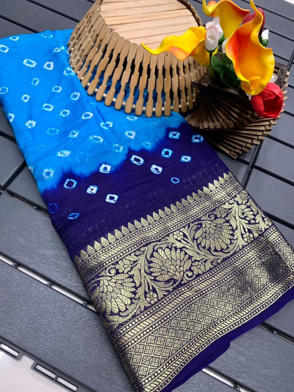 Bandhej Semi-silk drapes with Kanchipuram jari border saree 15096N
