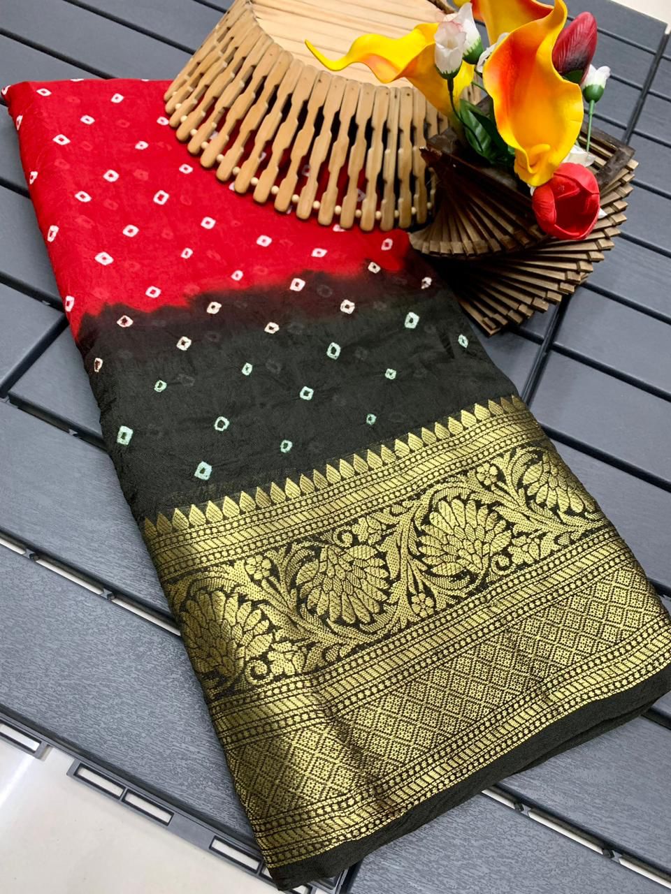 Bandhej Semi-silk drapes with Kanchipuram jari border saree 15096N