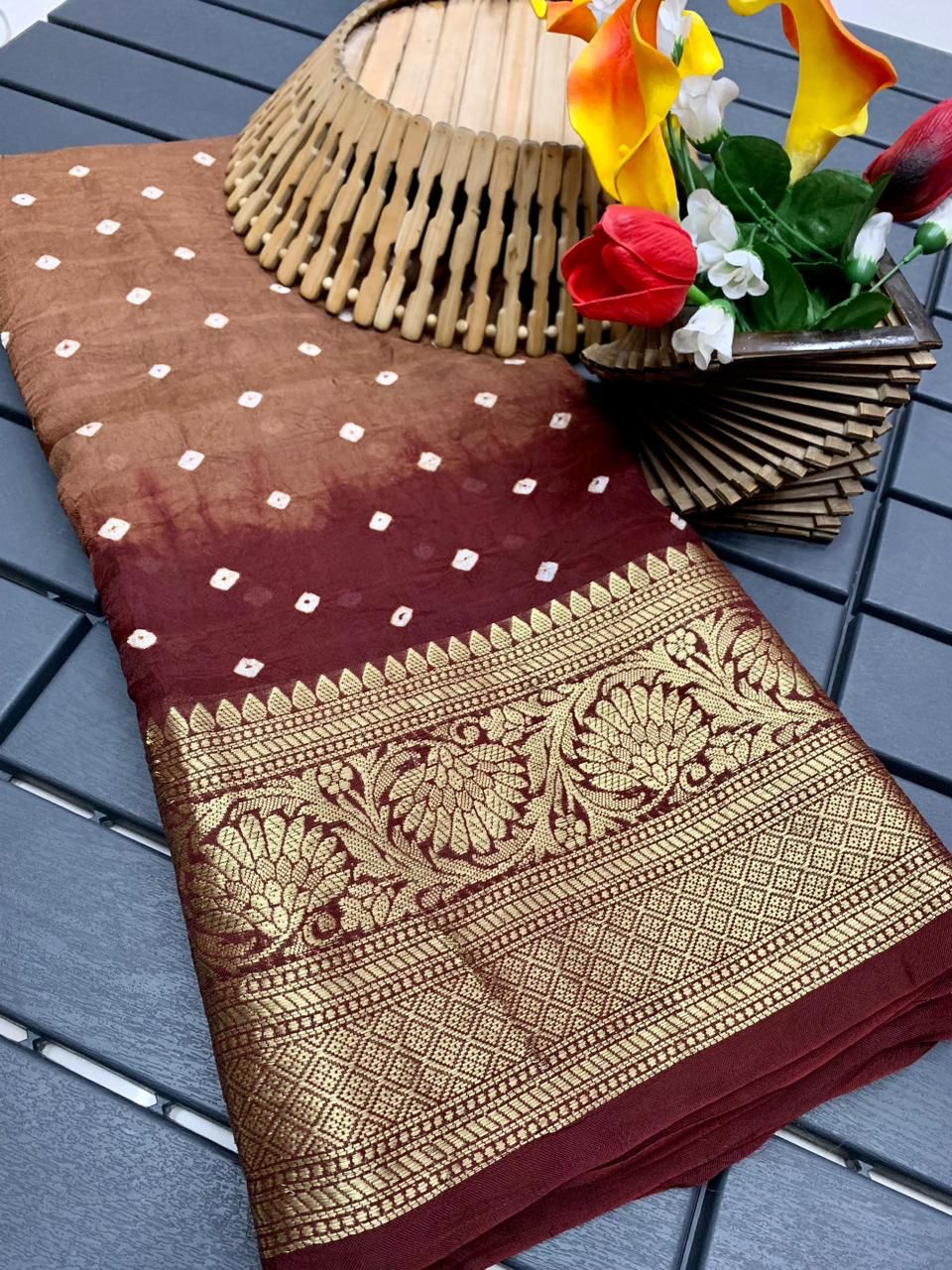 Bandhej Semi-silk drapes with Kanchipuram jari border saree 15102n