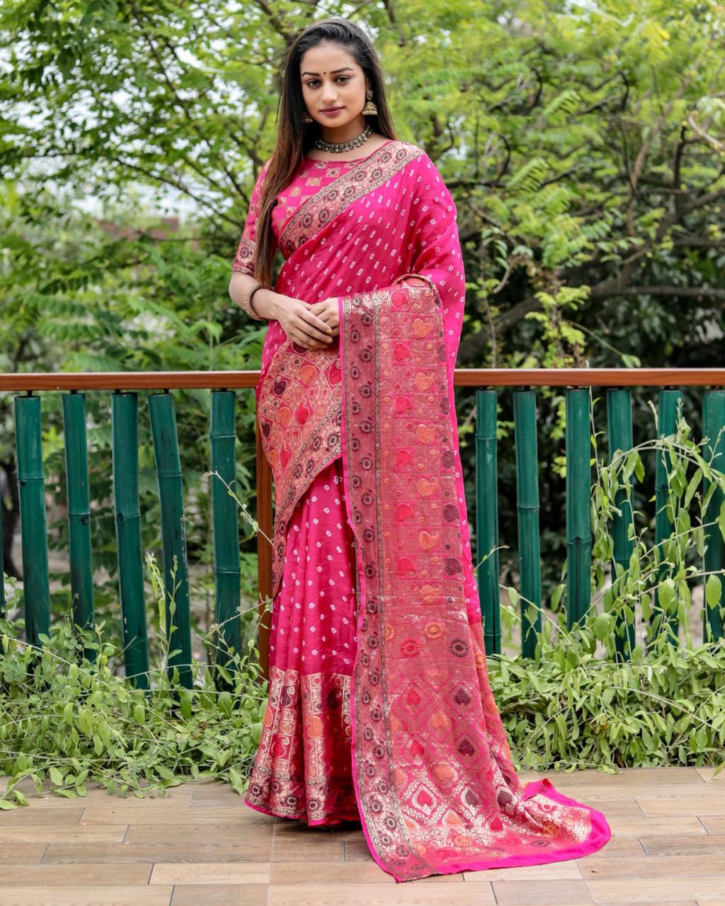 Bandhej Semi-silk drapes with Kanchipuram zari border saree 20400N