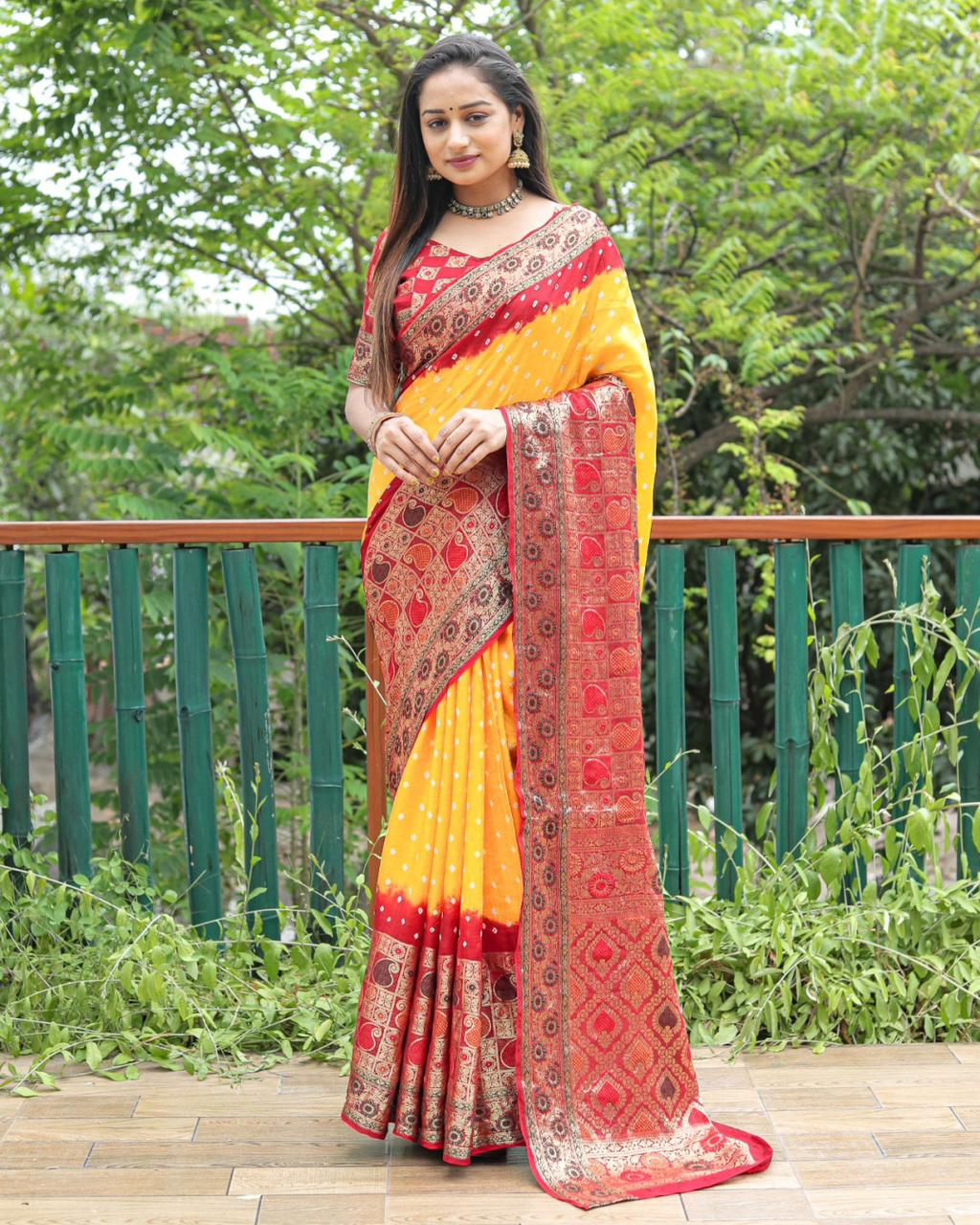 Bandhej Semi-silk drapes with Kanchipuram zari border saree 20406N