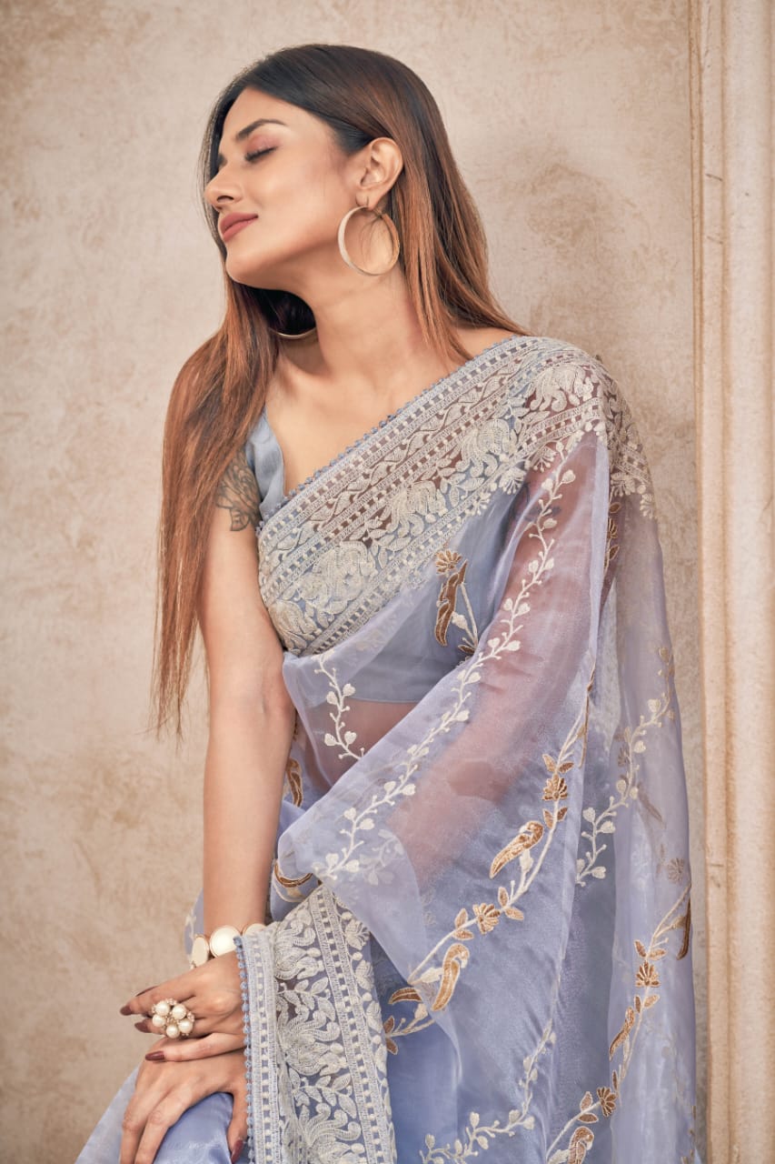 Beautiful Embroidery Heavy thread  work with Lace border Saree 17925N