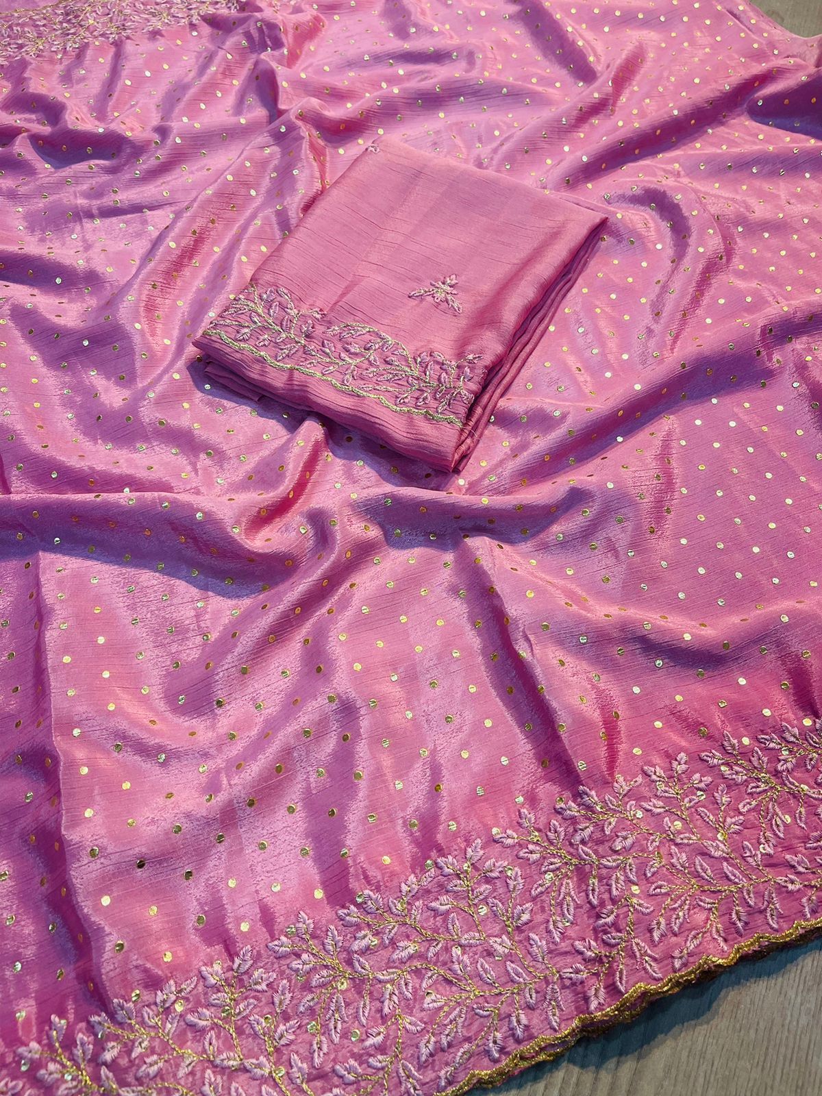 Beautiful Pure Chinon Saree Pigment Foil Multi Embroidary Work sarees 21834N