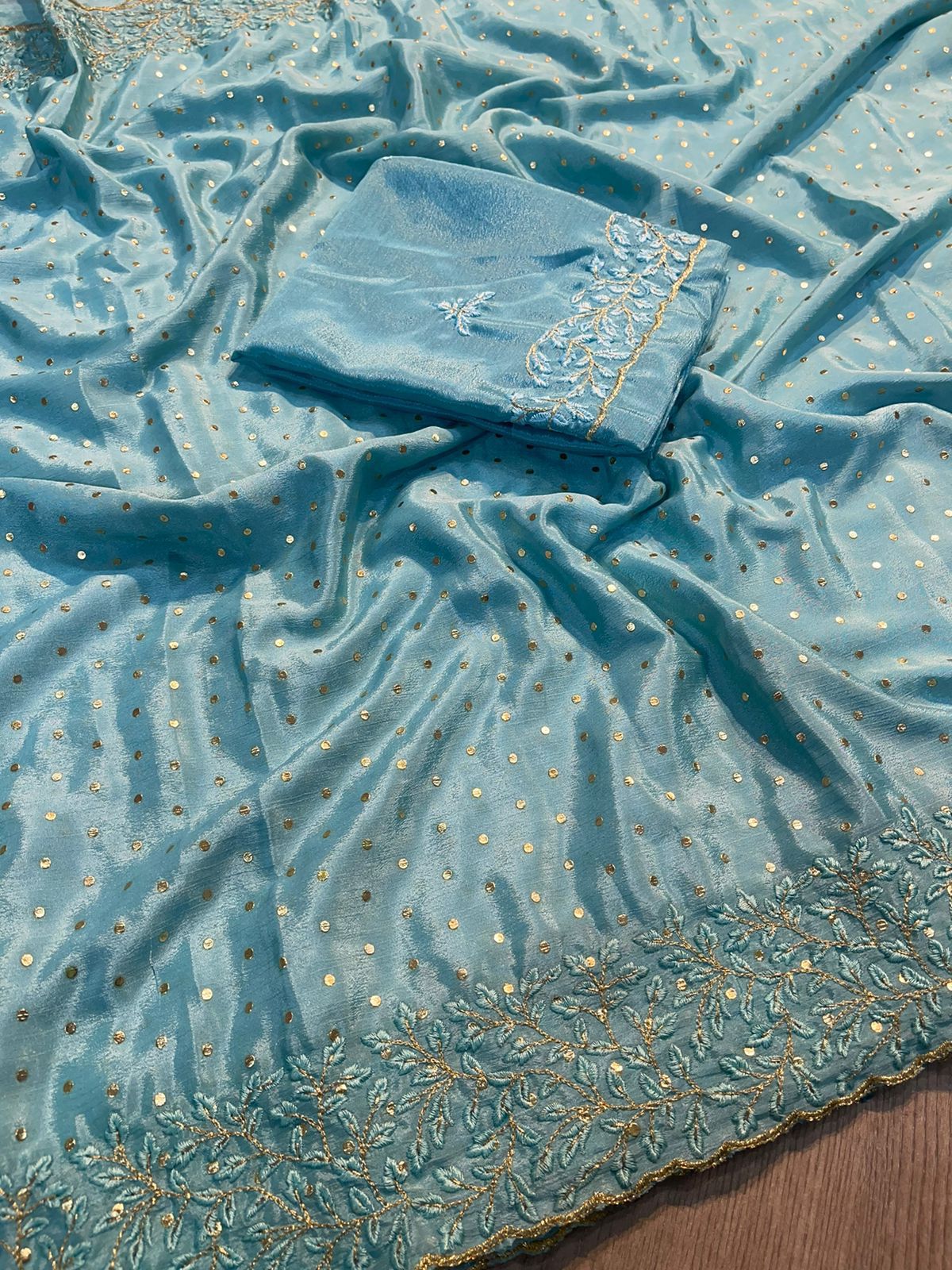 Beautiful Pure Chinon Saree Pigment Foil Multi Embroidary Work sarees 21834N