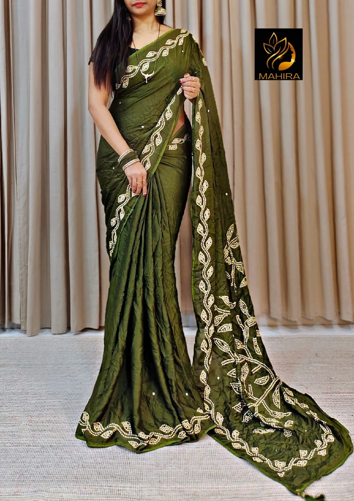 Beautiful crush crape semi-silk sarees with all over foil mirror 23037N