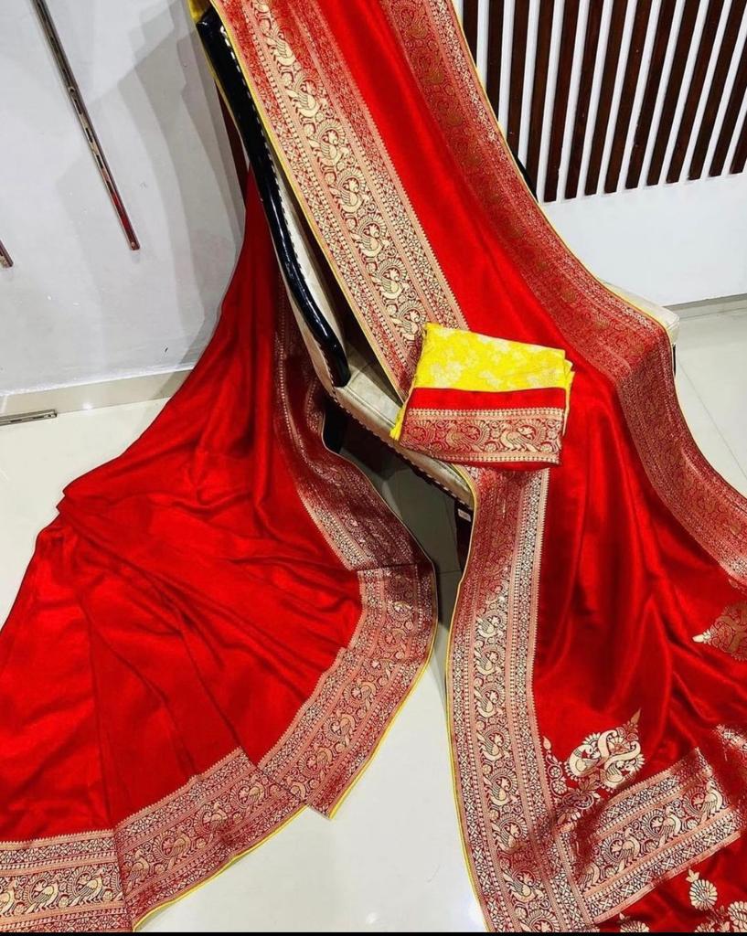 Beautiful gold zari weaving on  flowing pure Semi Banarasi dola Semi-Silk sarees 21886N