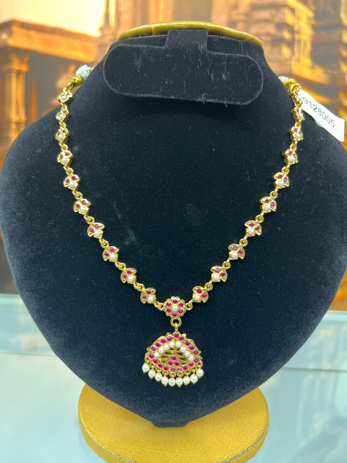 Gold Plated Adige Short Red White Muthu Necklace without earring