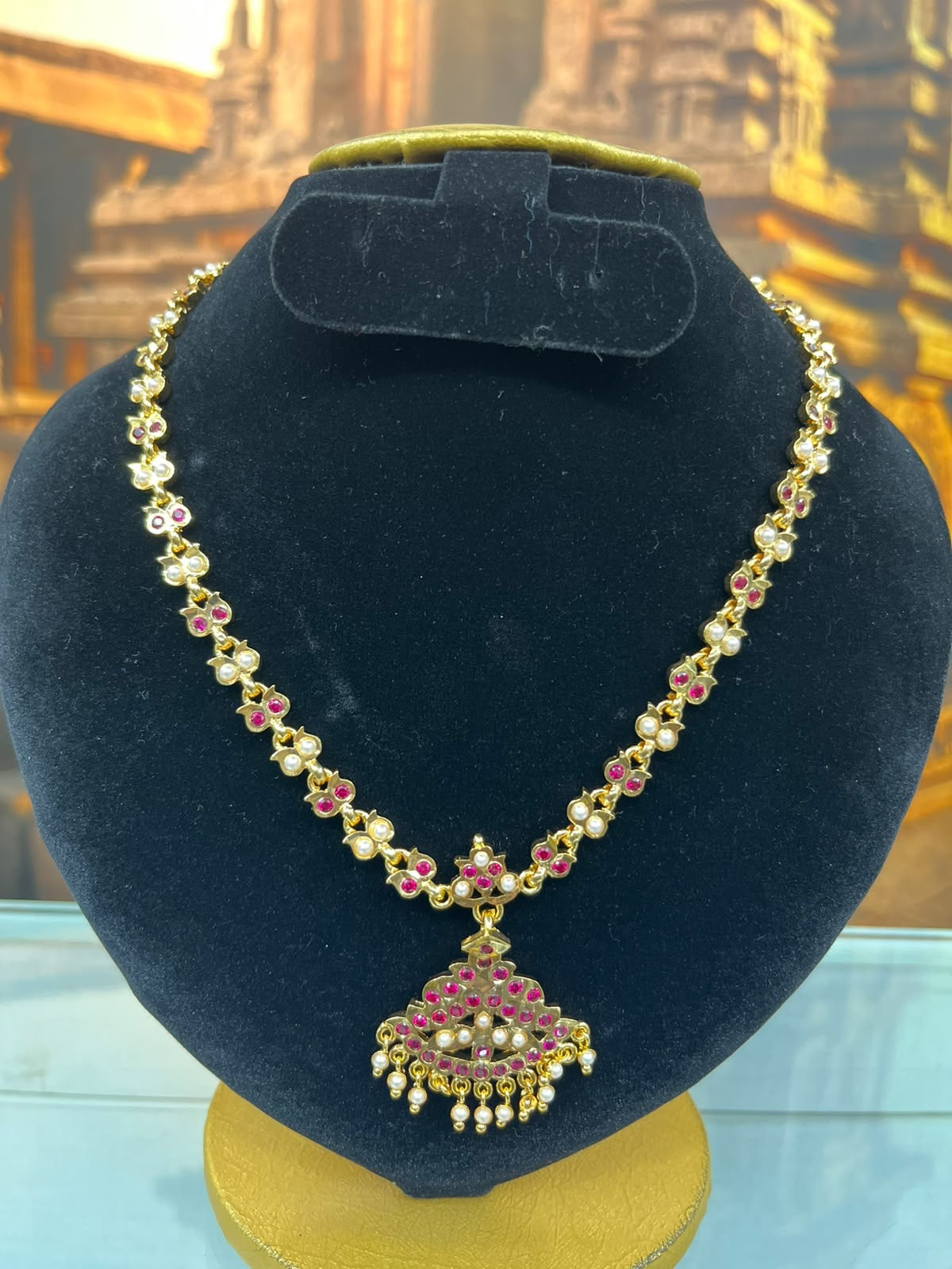 Gold Plated Adige Long Red White Muthu Necklace without earring