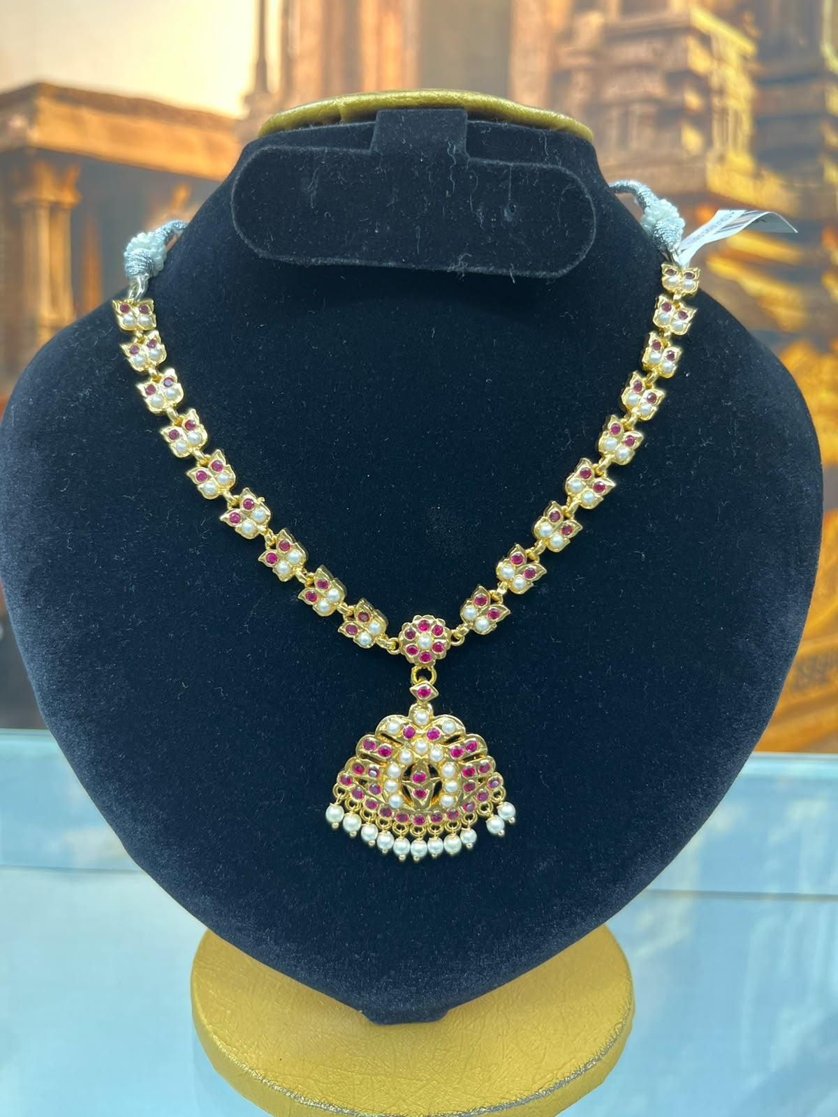 Gold Plated Adige Short Red White Muthu Necklace without earring