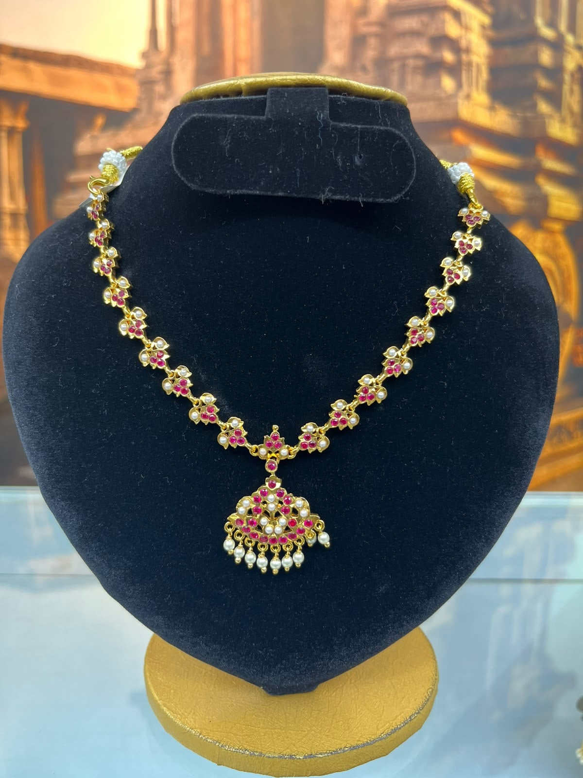 Gold Plated Adige Short Red White Muthu Necklace without earring