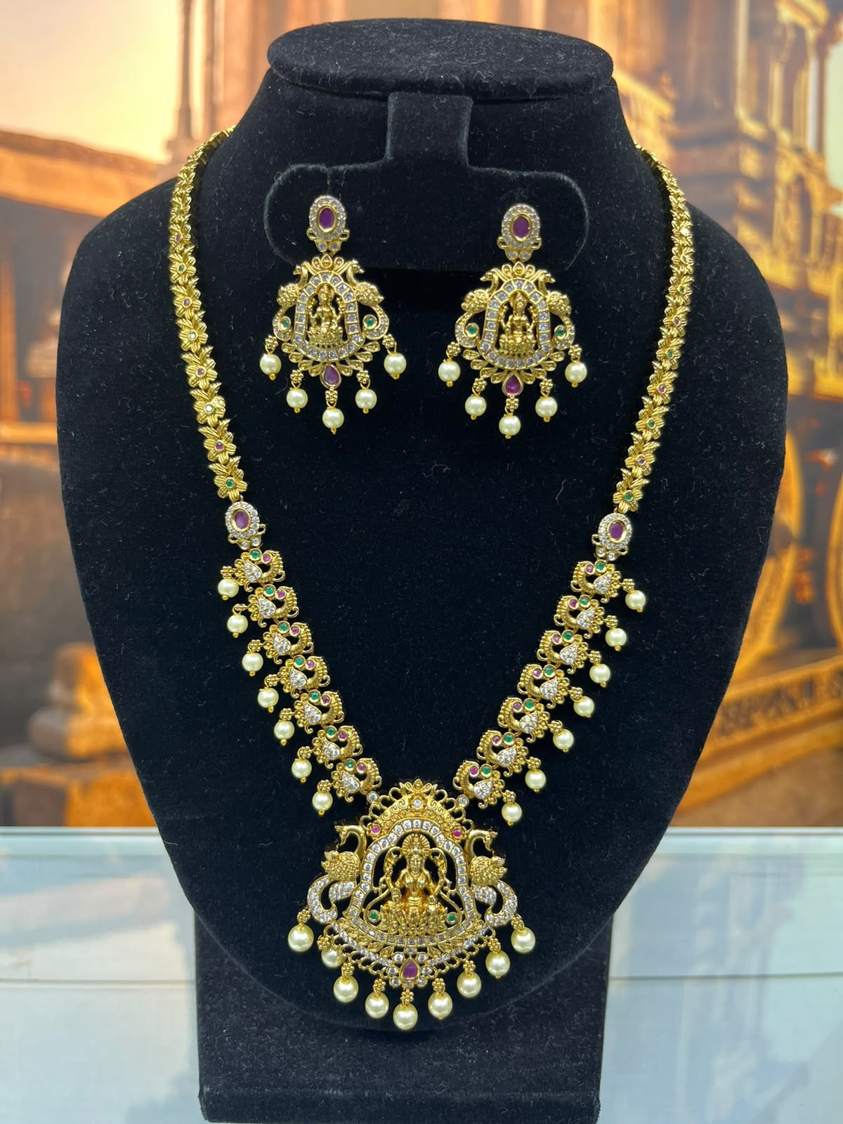 Laxmi antique gold plated long necklace set