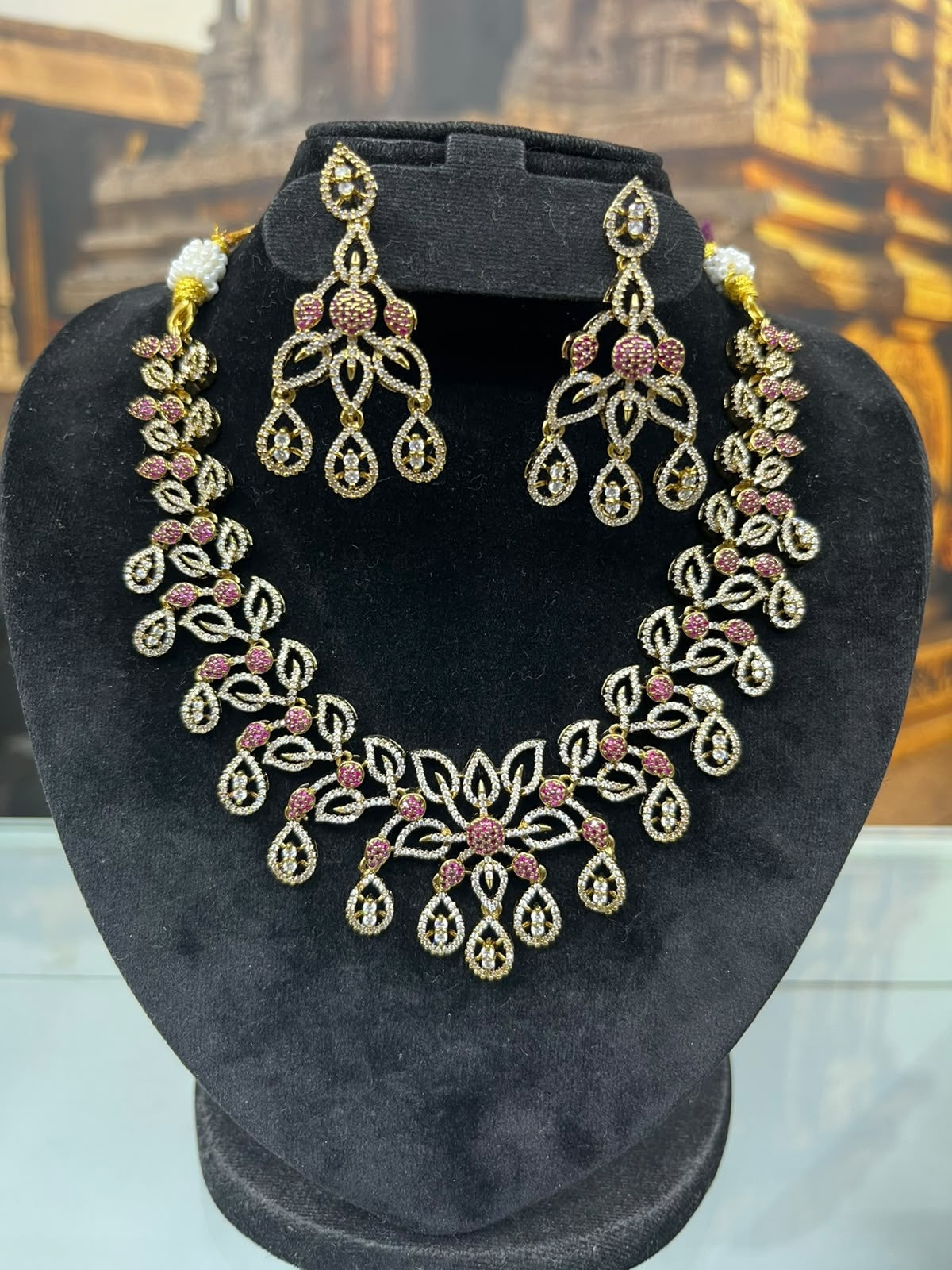 Gold Plated Premium CZ Short Choker Necklace Set Mehendi Colour