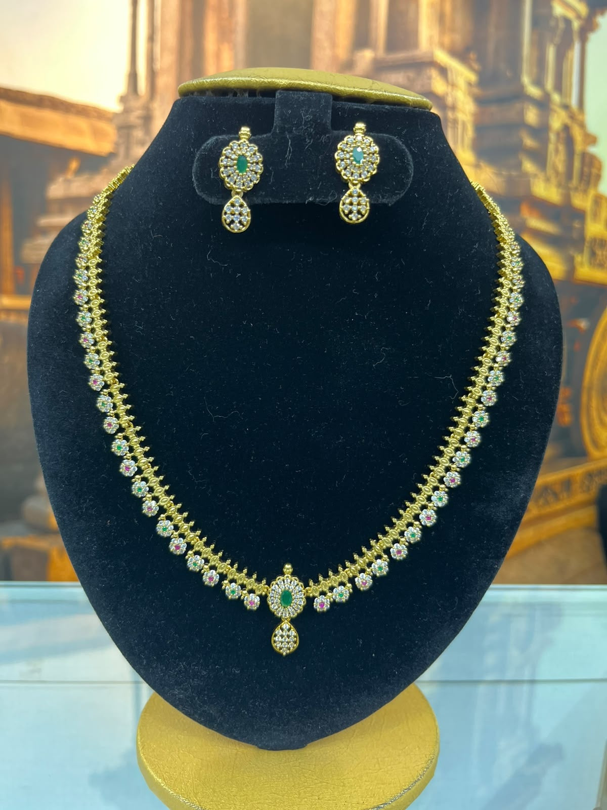 Gold Plated Long CZ Necklace Set