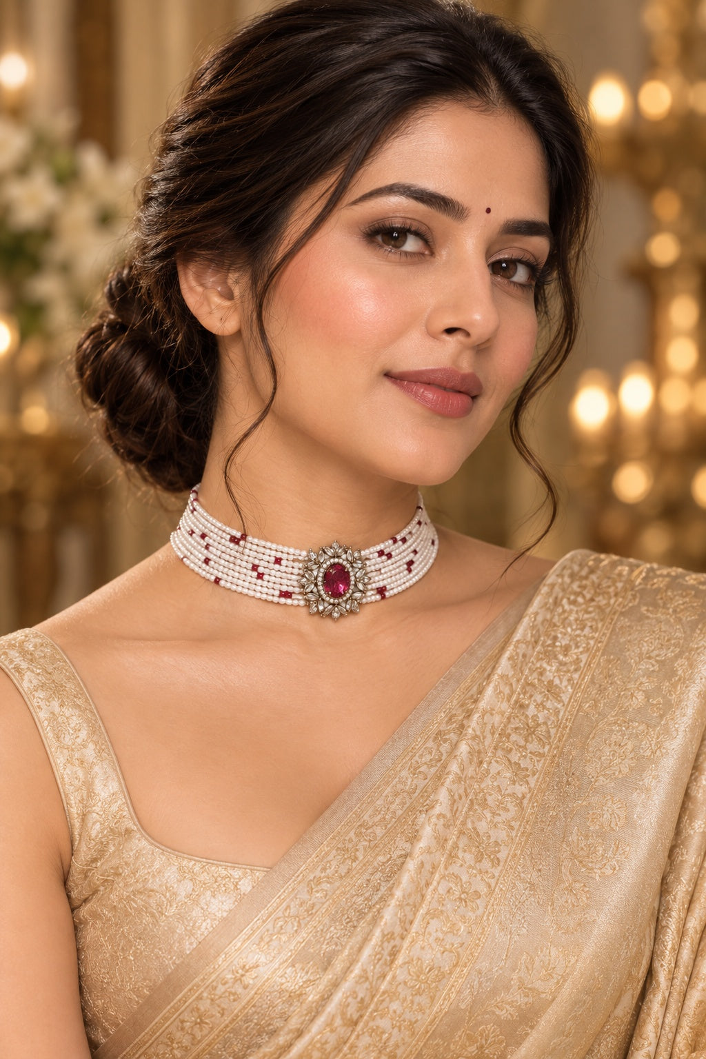 Gold Plated Swarovski Pearl AD Choker Necklace Set