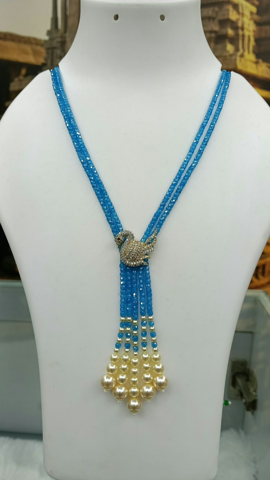 Two Layer CZ Mala Y design with mid Brooch SKY Blue