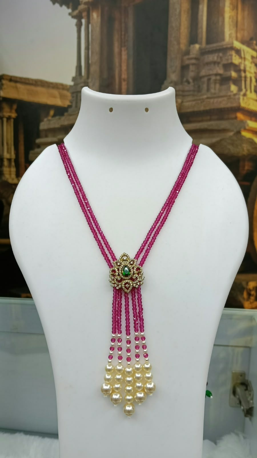 Two Layer CZ Mala Y design with mid Brooch with pearl drop Rani colour