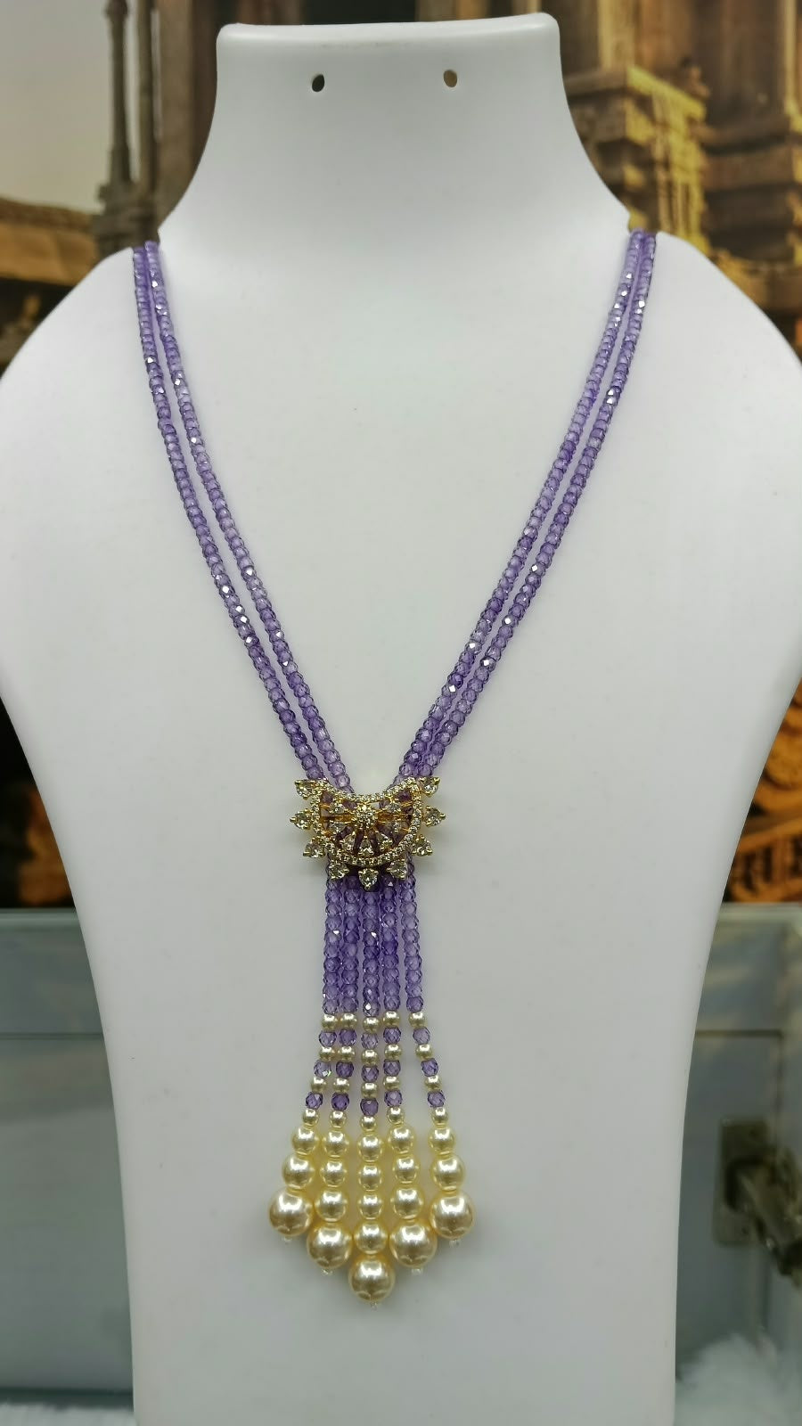 Two Layer CZ Mala Y design with mid Brooch Purple Colour