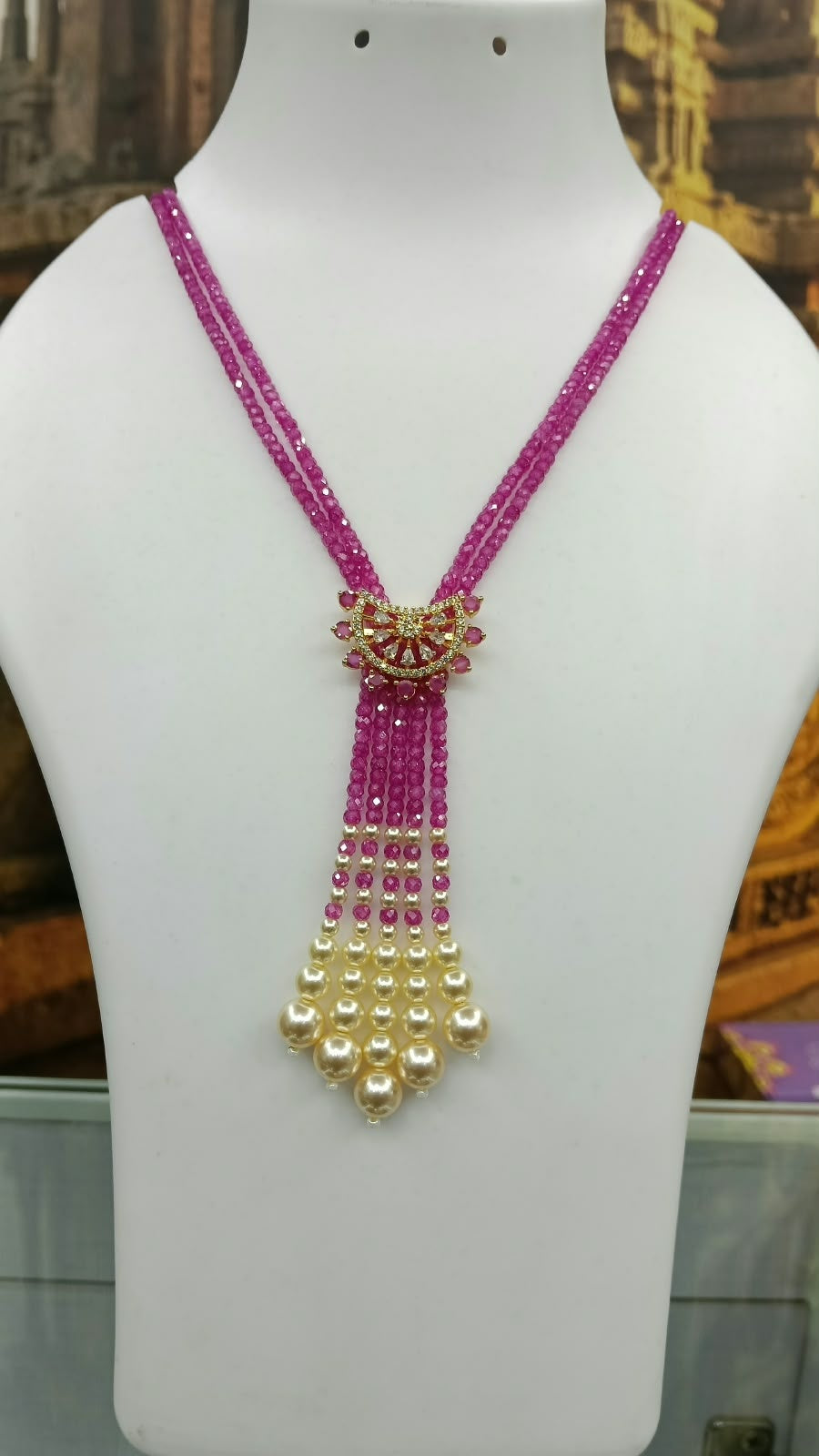 Two Layer CZ Mala Y design with mid Brooch Pink colour