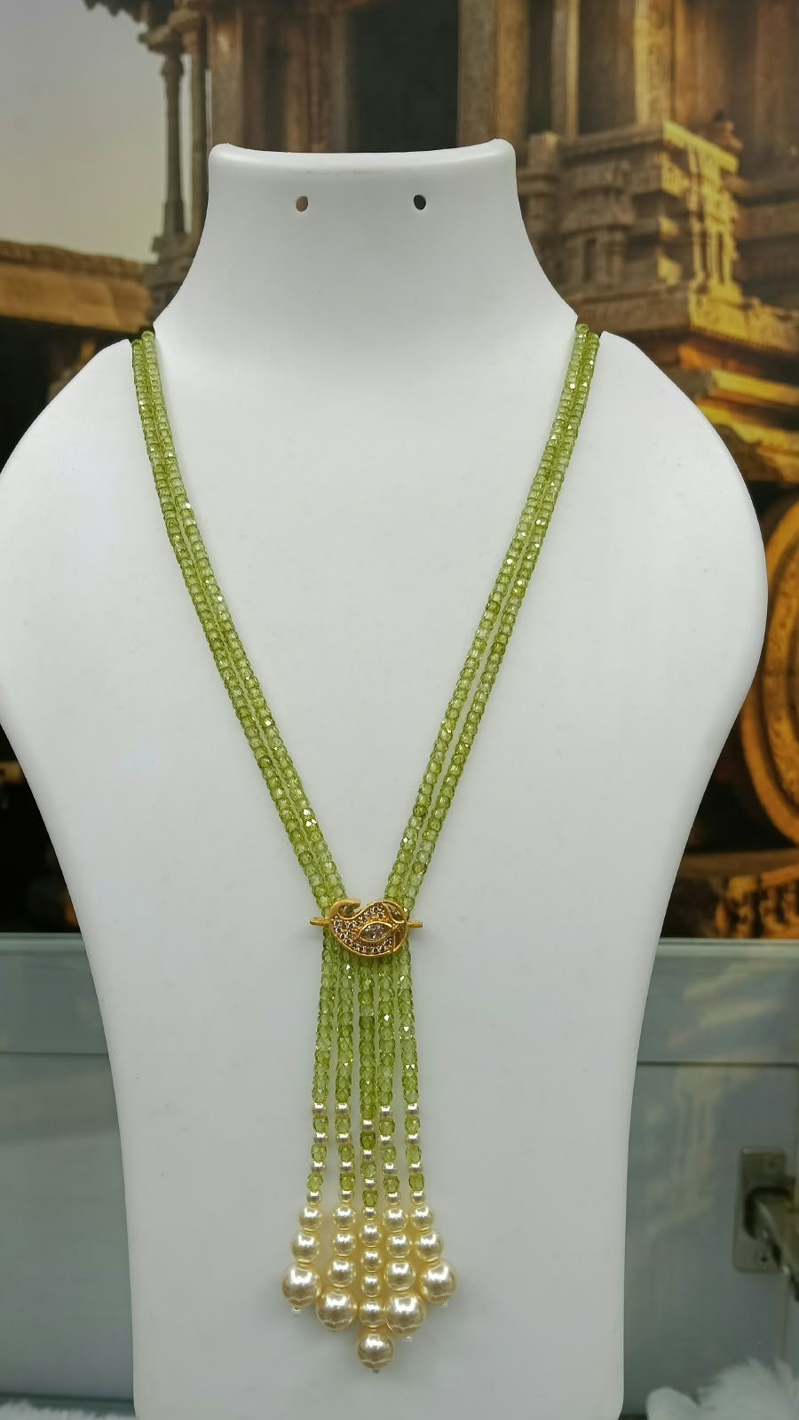 Two Layer CZ Mala Y design with mid Brooch Light Green Colour