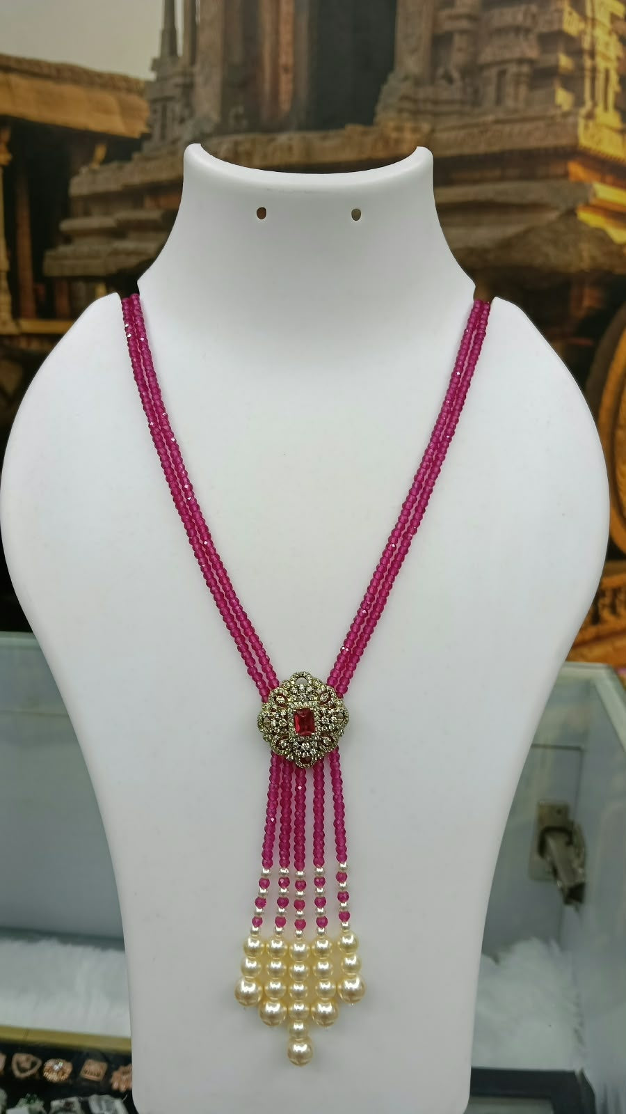 Two Layer CZ Mala Y design with mid Brooch with pearl drop Rani colour