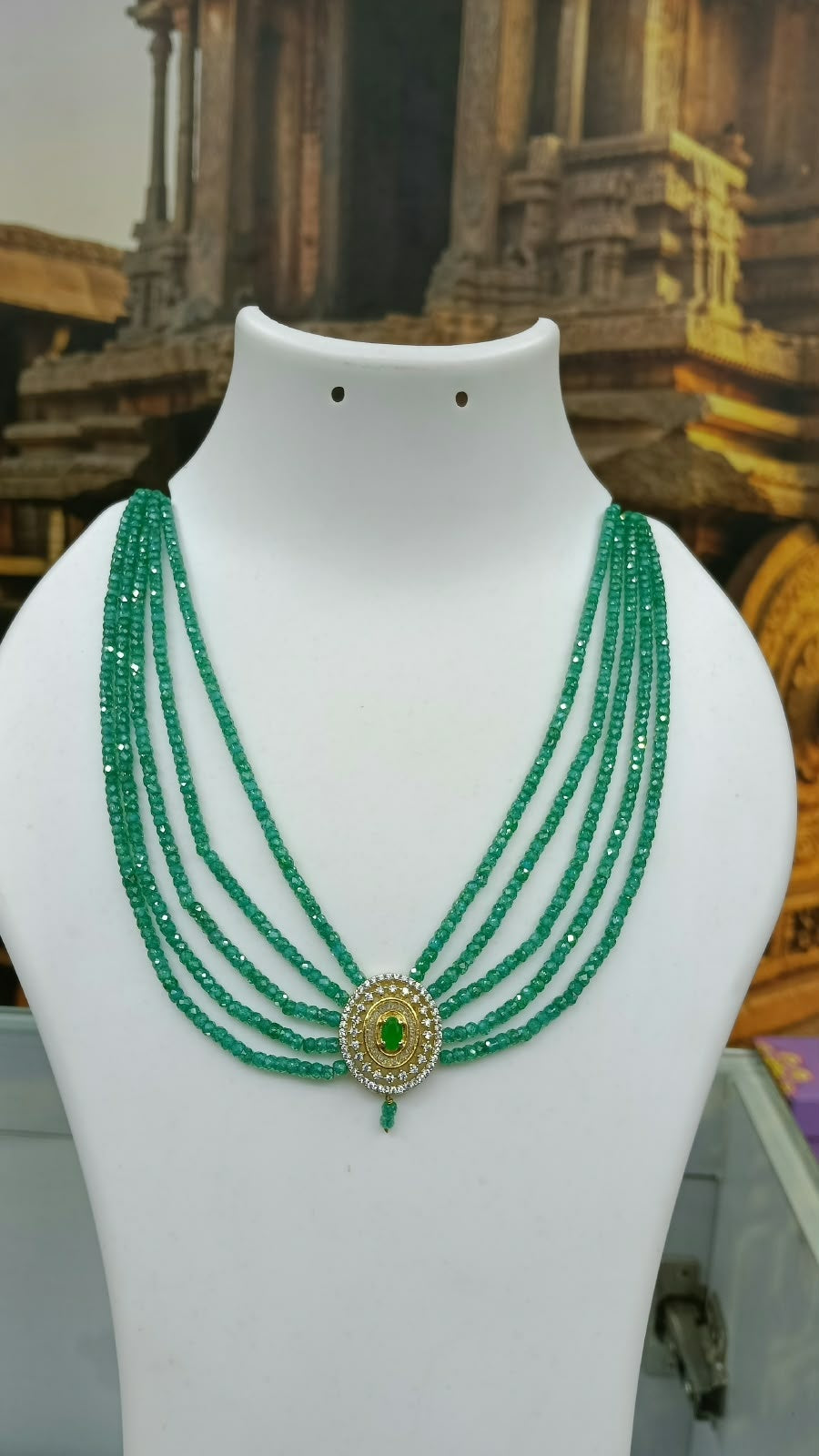 Green CZ 5 Line Maala with Brooch Necklace