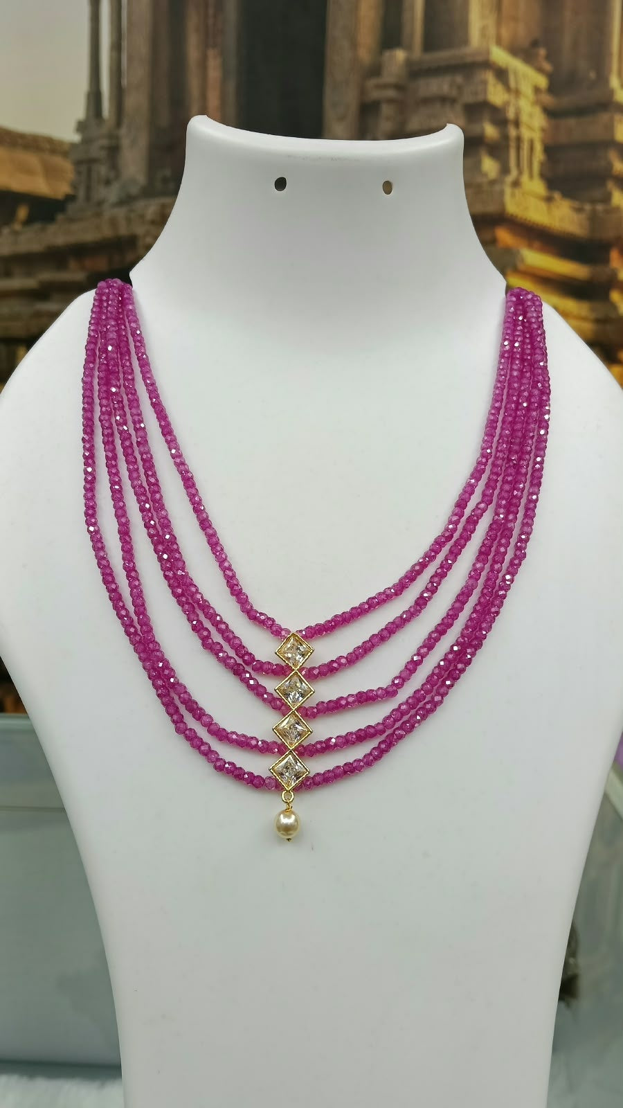 Pink CZ 5 Line Maala with Brooch and Kundan Stones