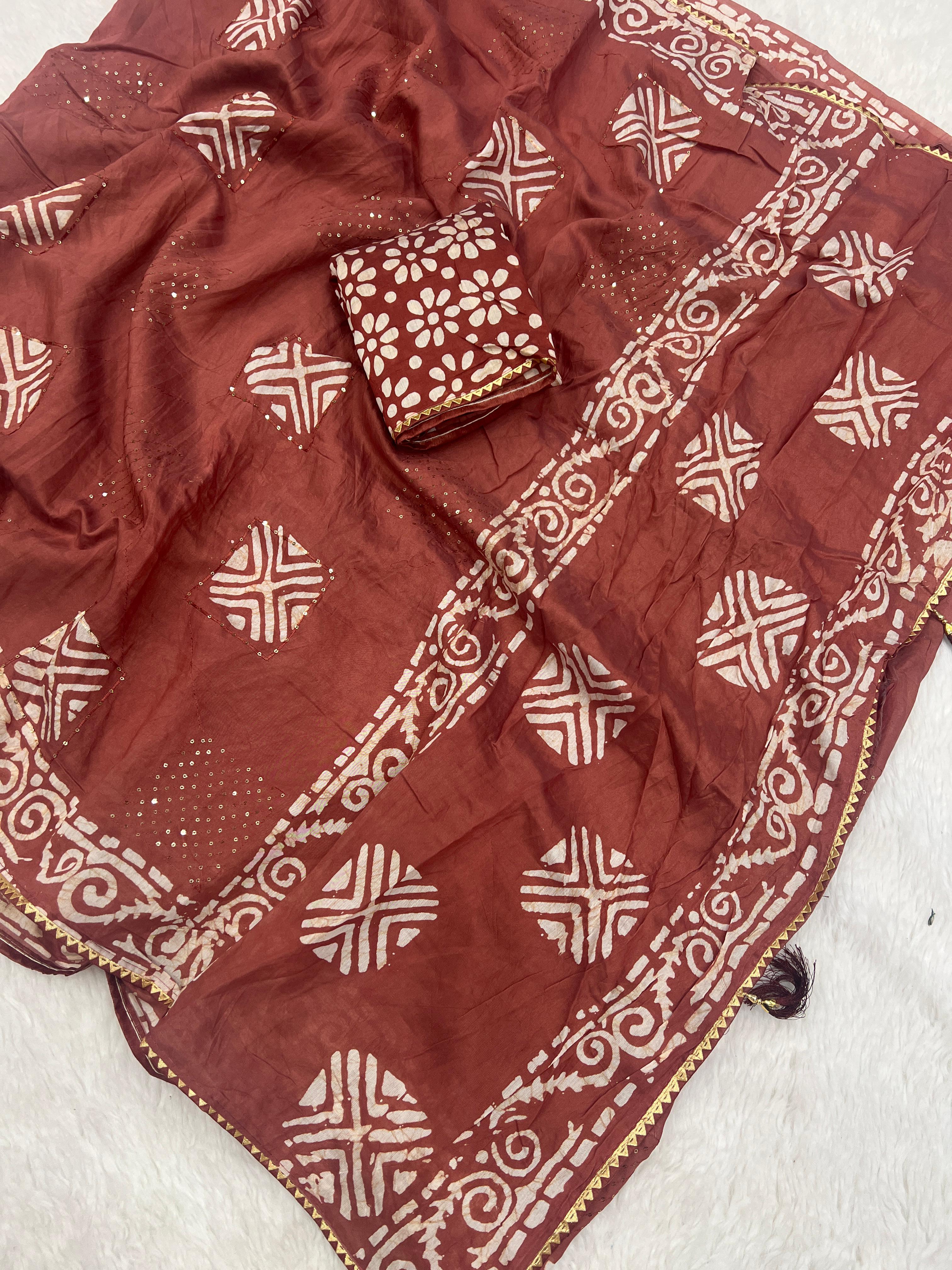 Chaderi mono-cotton with batik print with all over sequence work Saree 21200N