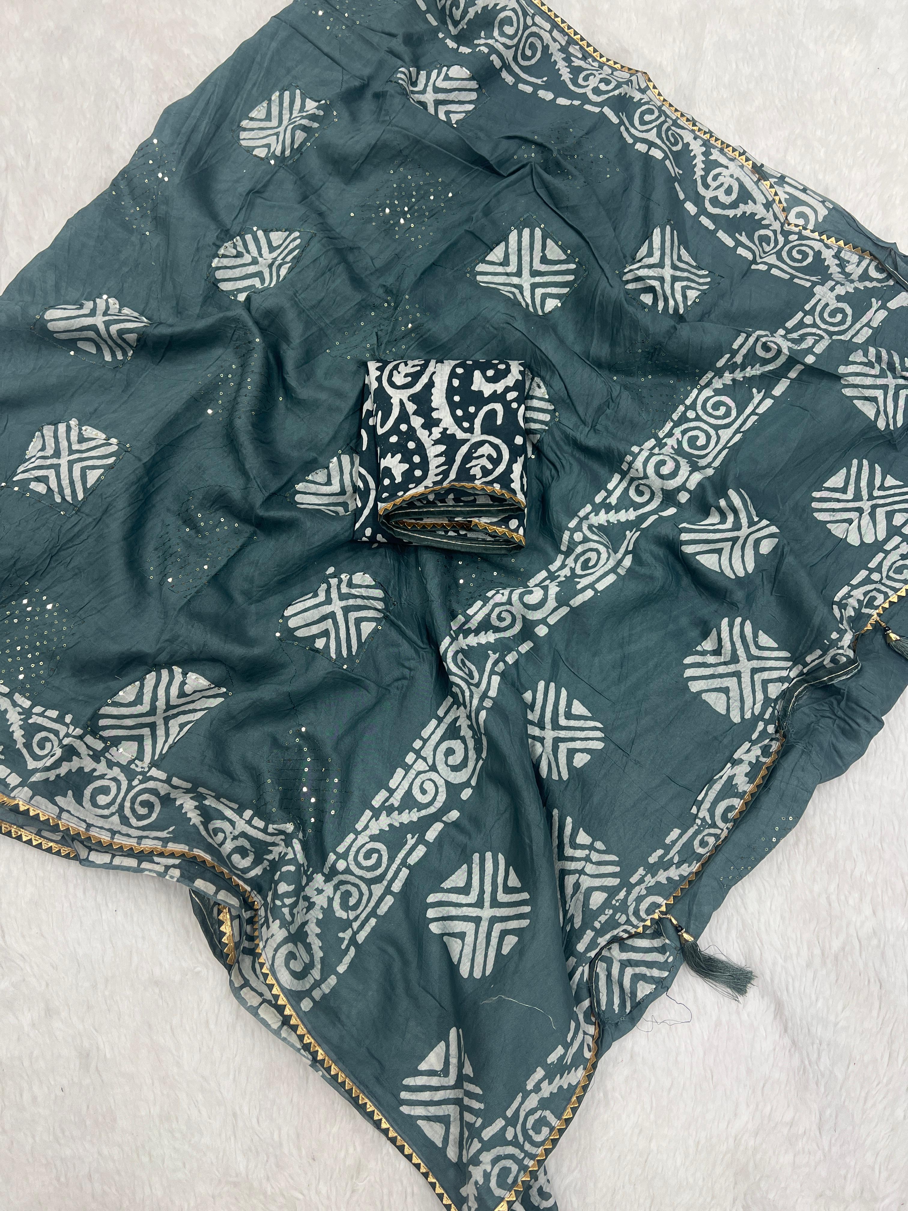 Chaderi mono-cotton with batik print with all over sequence work Saree 21200N