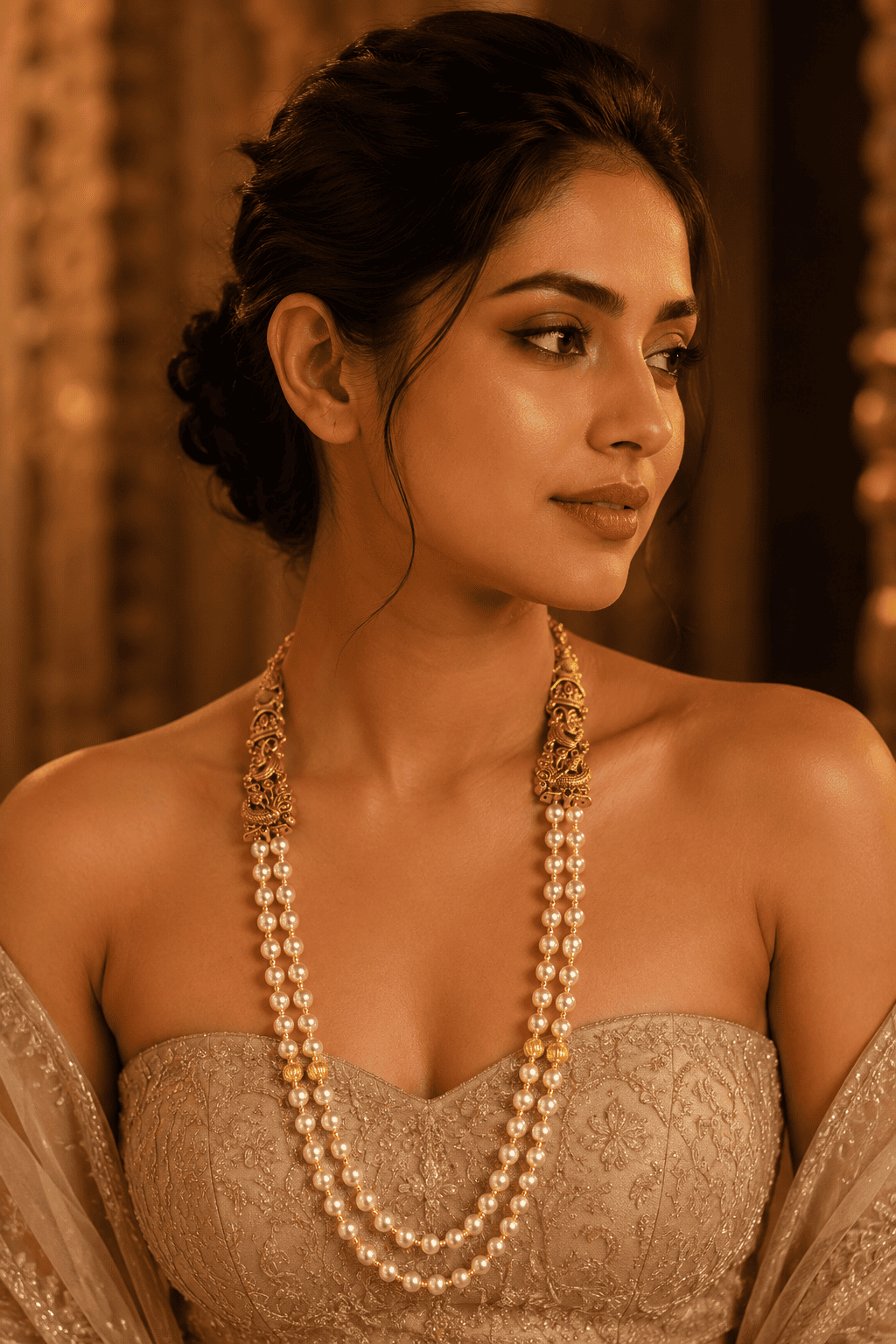 2 line Swarovski pearl with beads and side Mopu necklace