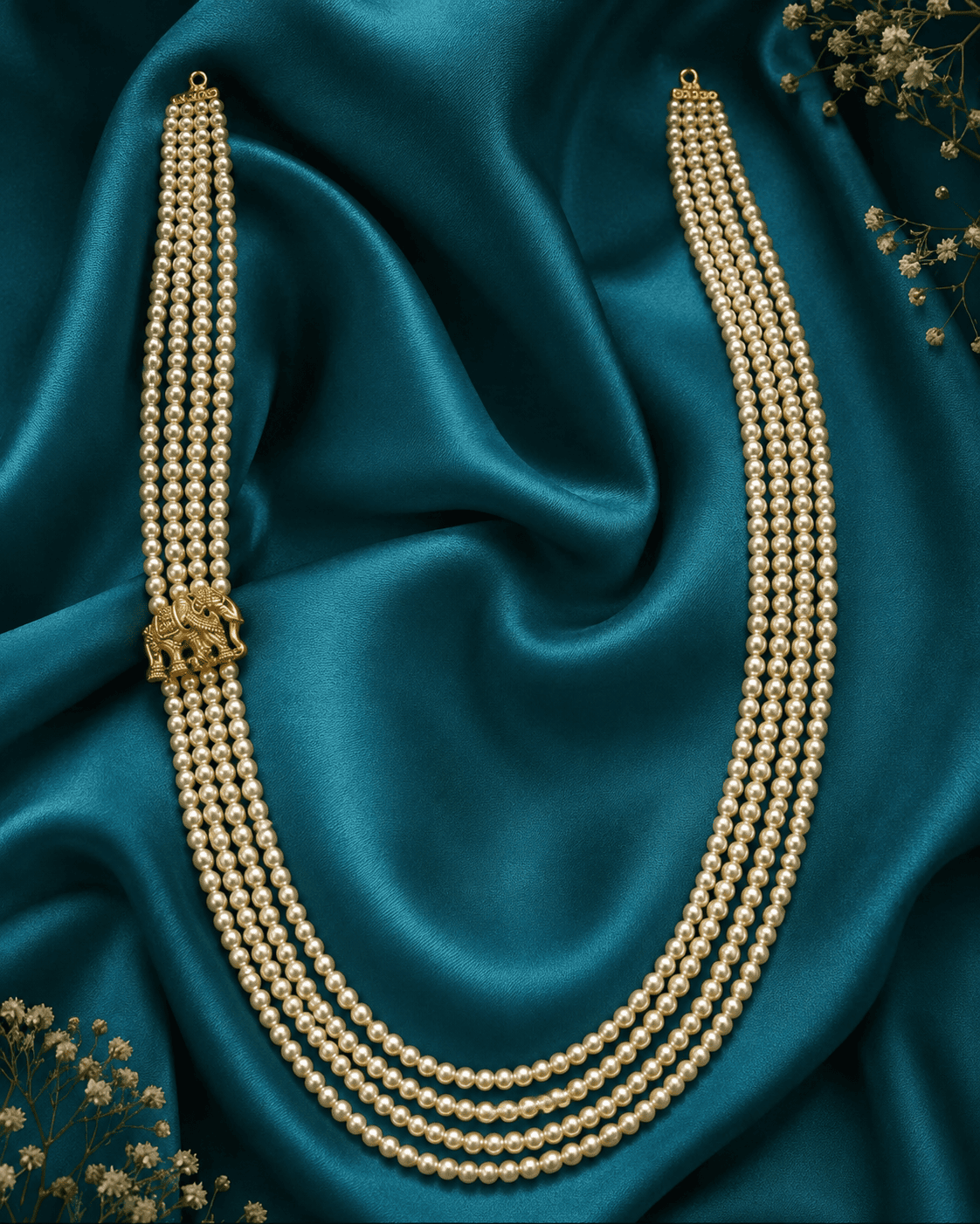 4 line Swarovski pearl Maala with single elephant Mopu