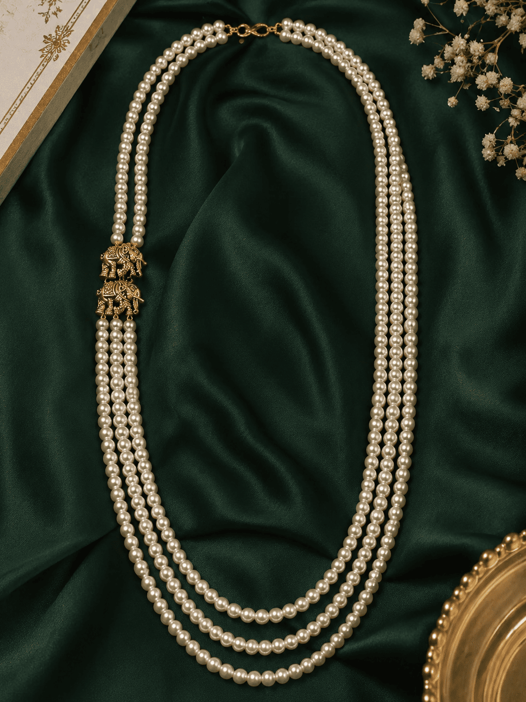 3 Line Swarovski Pearl Maala with Elephants Mopu