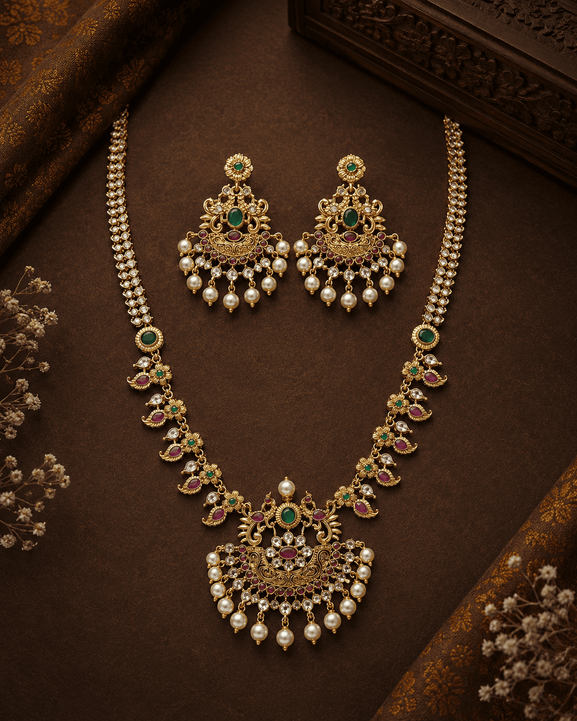 Gold Plated Premium CZ Long Haram Necklace Set