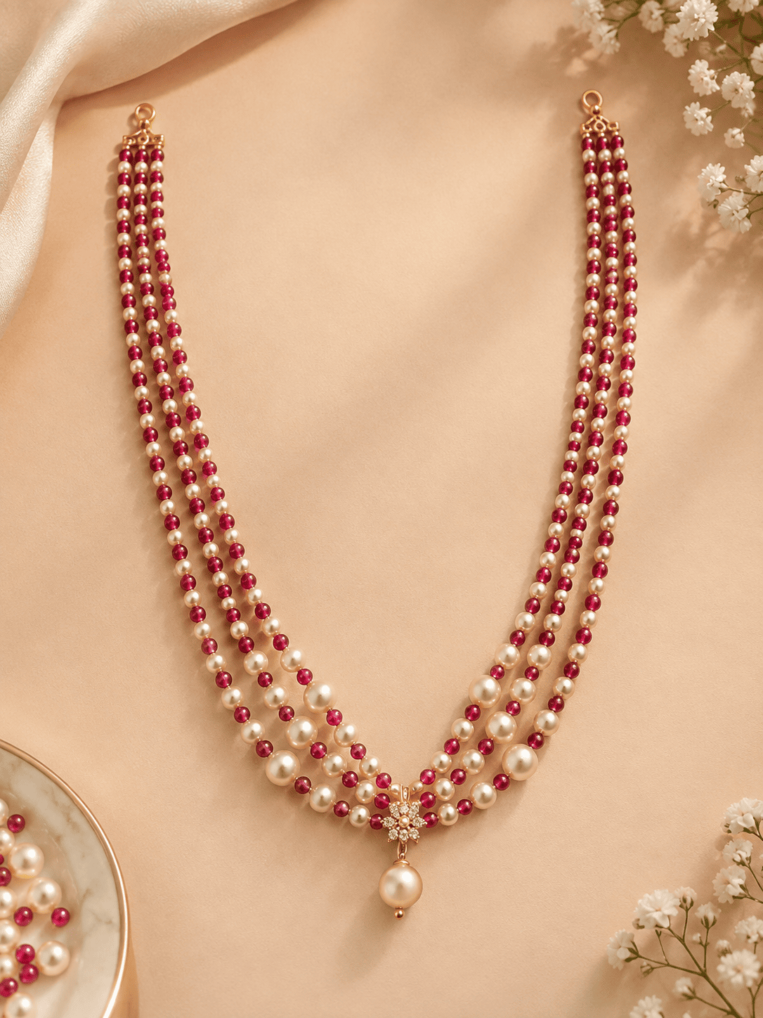 Three Line Onyx with Swarovski Pearl Mala Necklace