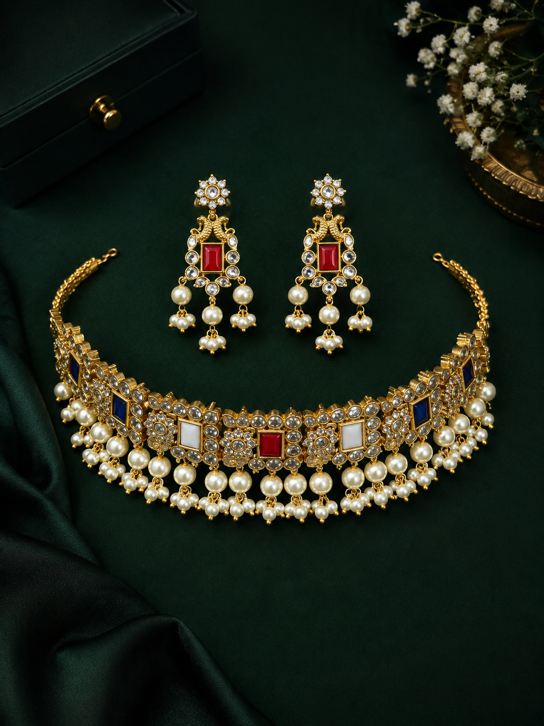 Gold Plated Pearl Choker NEcklace Set