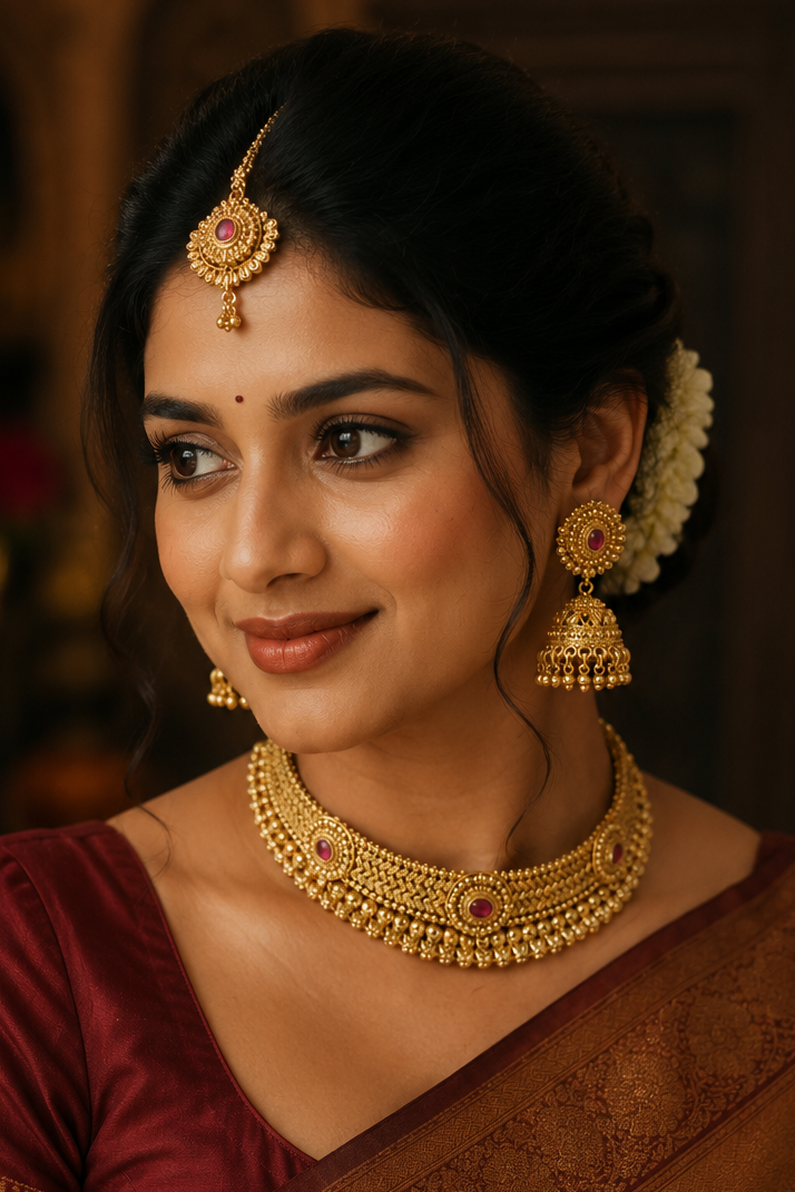 Gold Plated Choker Necklace Set with Tikka