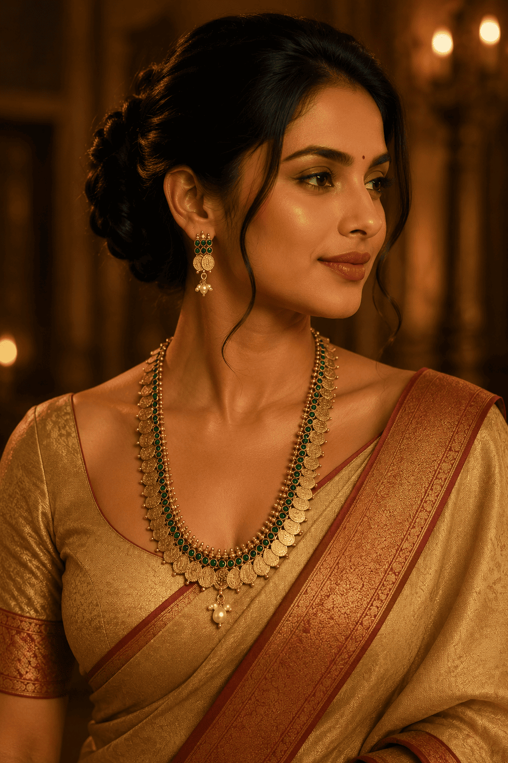 Gold Plated Long kasu Necklace with Red Stones