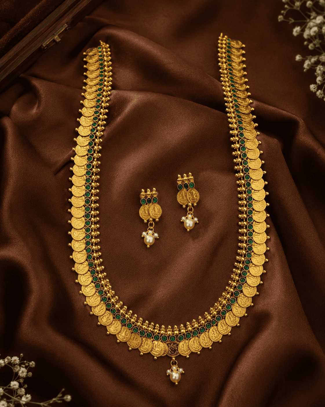 Gold Plated Long kasu Necklace with Red Stones