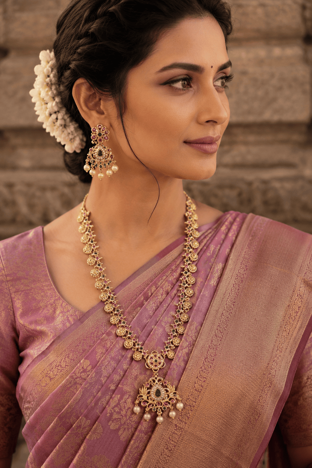 Premium Gold Plated Long CZ Temple Necklace Set