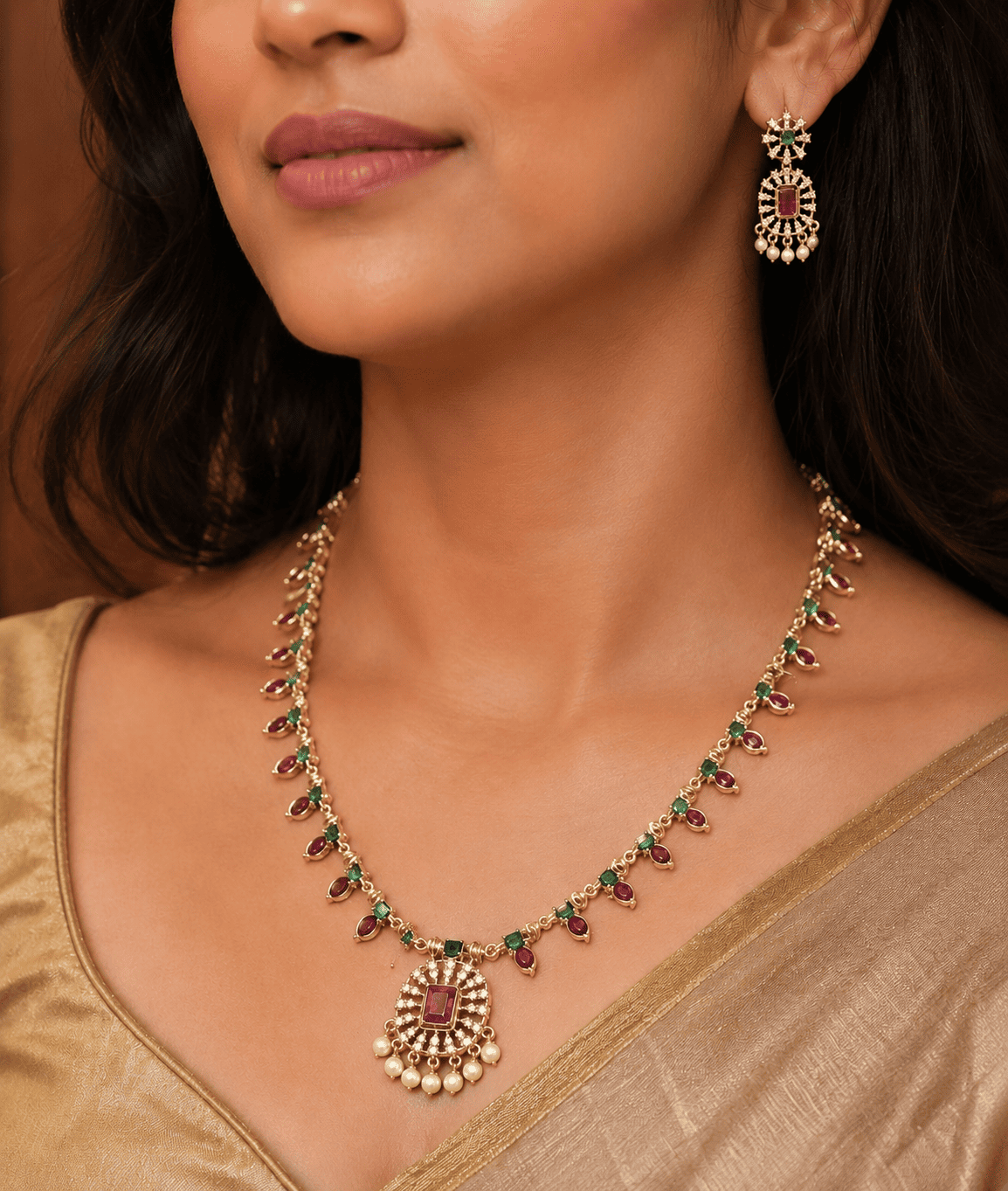 Premium Gold Plated Long CZ Temple Necklace Set