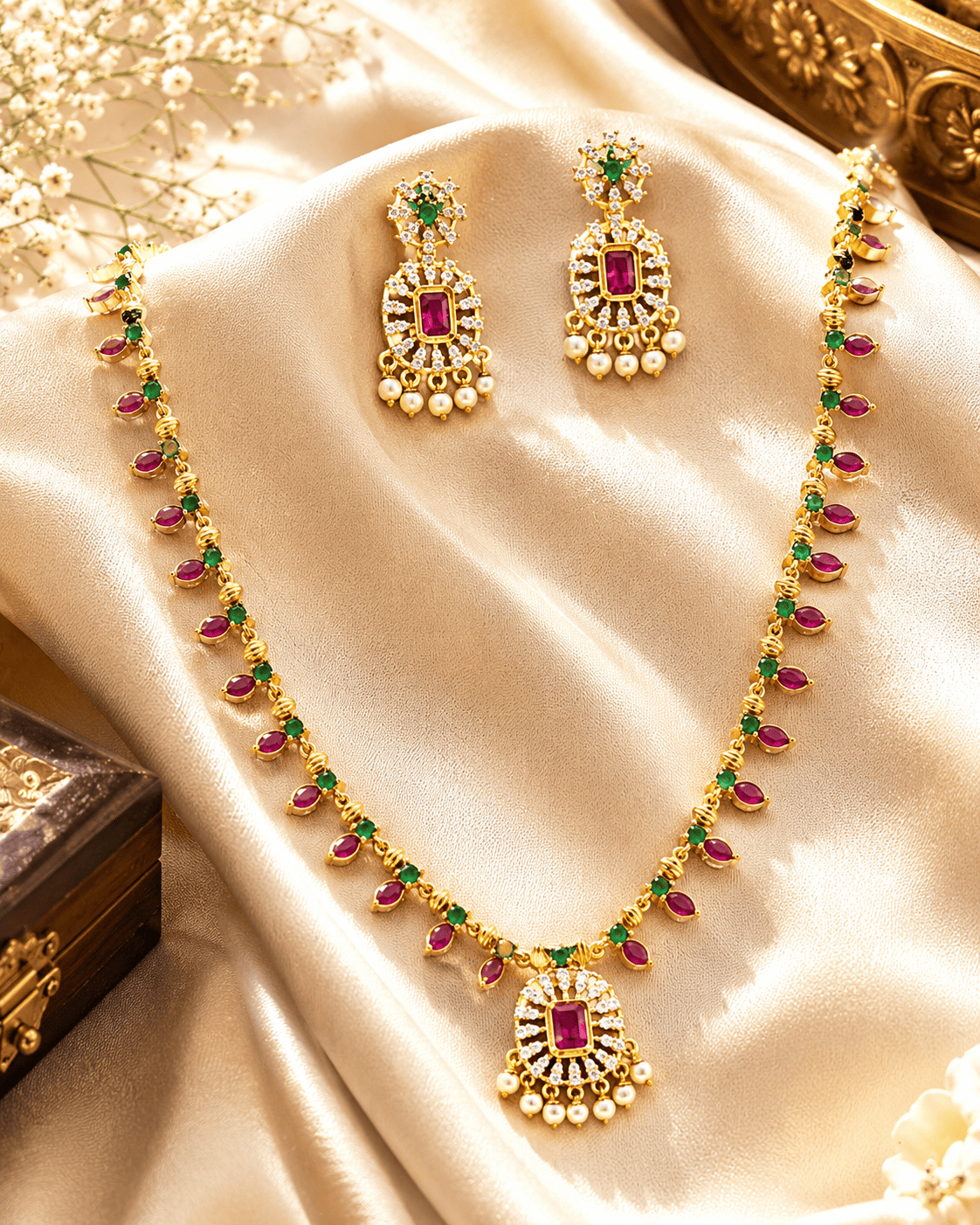 Premium Gold Plated Long CZ Temple Necklace Set