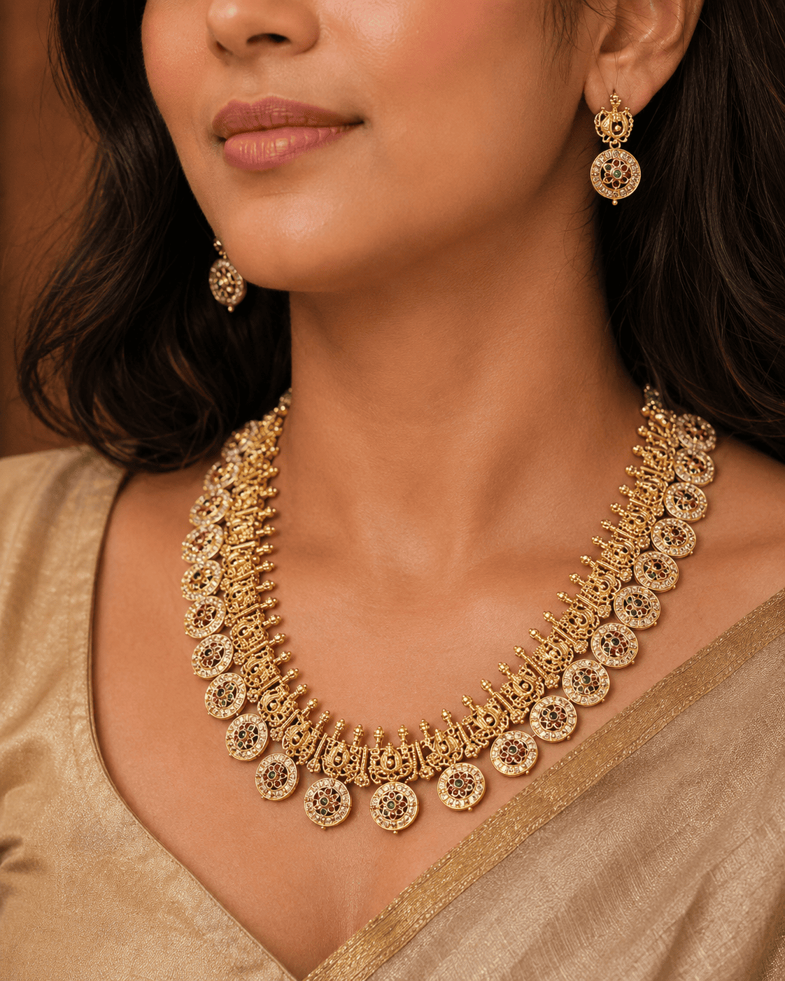 Premium Gold Plated Long CZ Temple Necklace Set