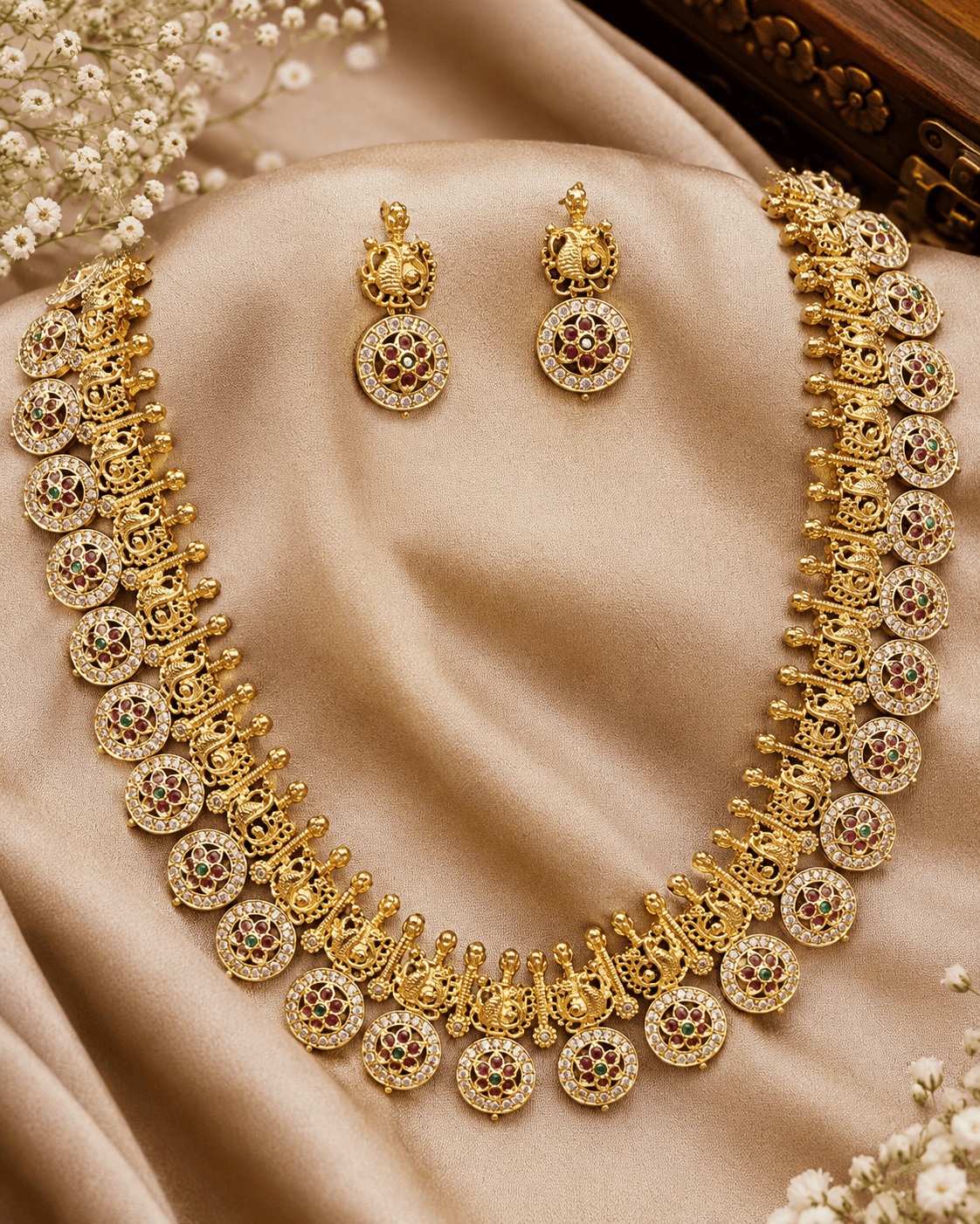 Premium Gold Plated Long CZ Temple Necklace Set