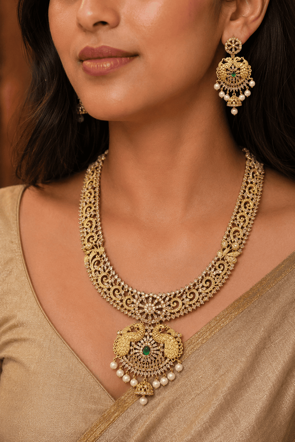 Premium Gold Plated Long CZ Temple Necklace Set