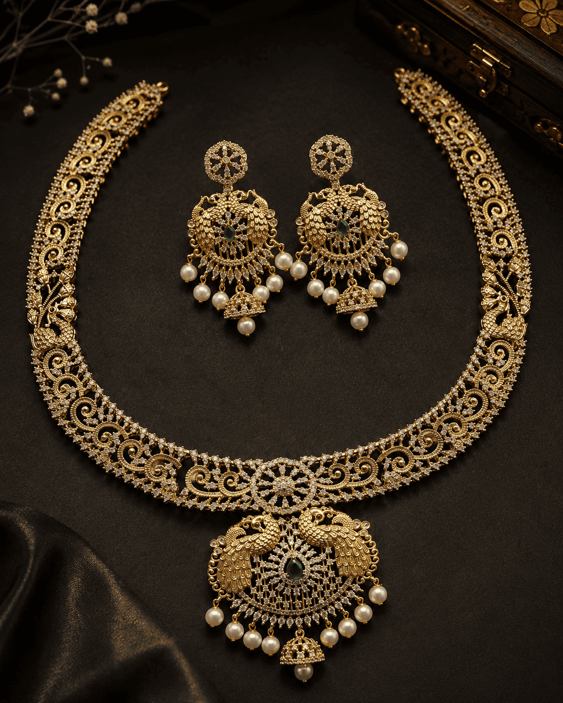 Premium Gold Plated Long CZ Temple Necklace Set