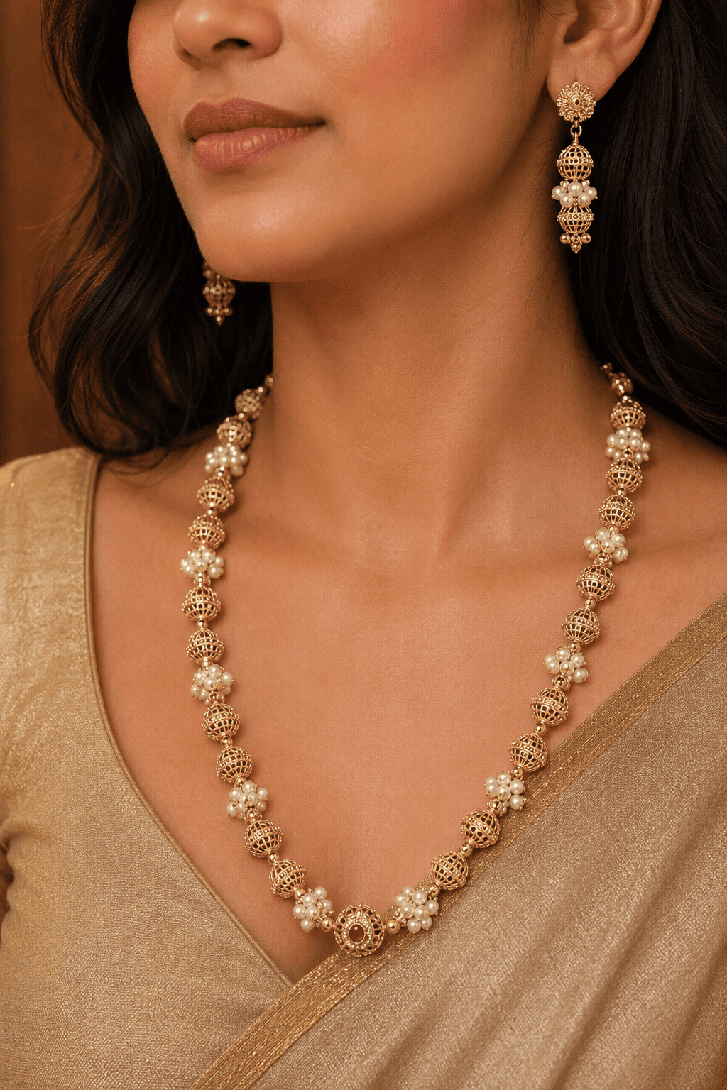 Gold Plated Long Necklace Set with Gundu and Pearls