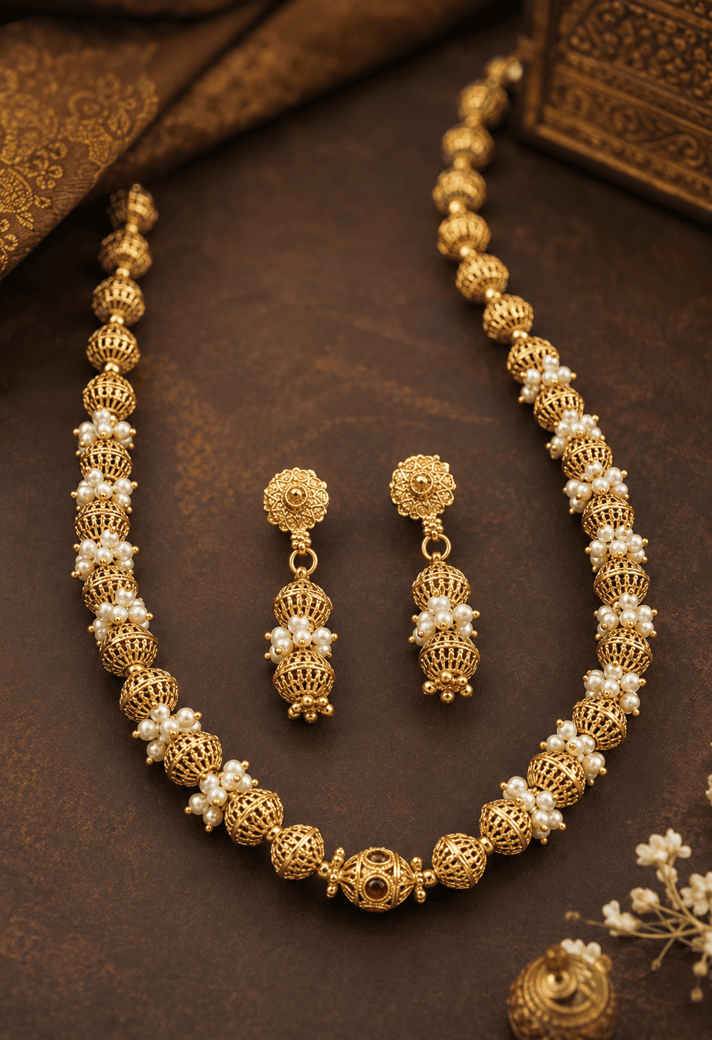 Gold Plated Long Necklace Set with Gundu and Pearls