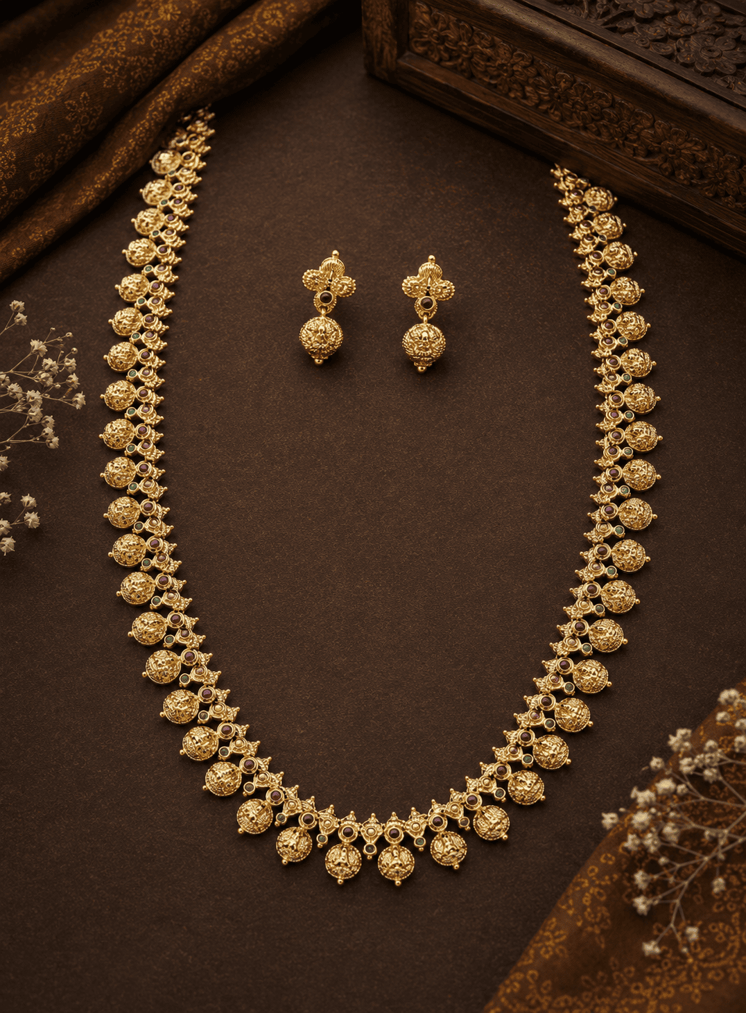 Premium Gold Plated Long CZ Temple Necklace Set
