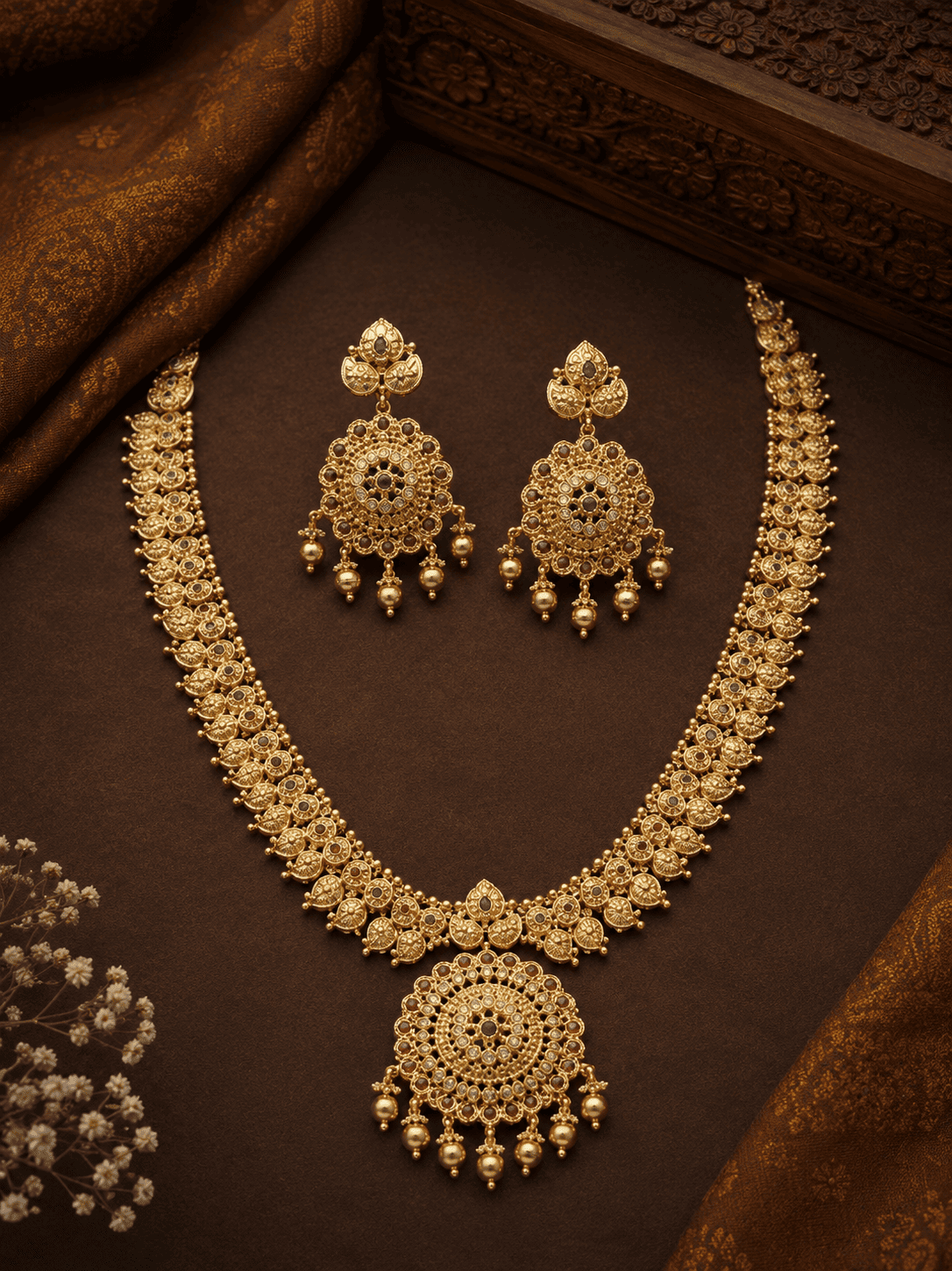 Premium Gold Plated Long CZ Temple Necklace Set