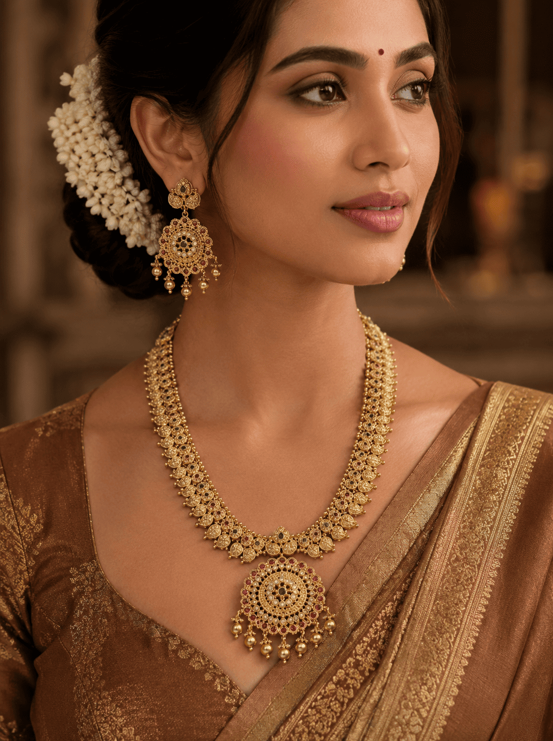 Premium Gold Plated Long CZ Temple Necklace Set